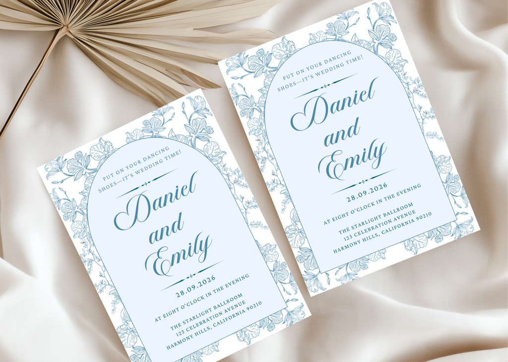Blue Toile Wedding Invitation | French Chinoiserie Floral Suite | Editable Canva Template | Dusty Blue Printable Elegant Wedding Invite