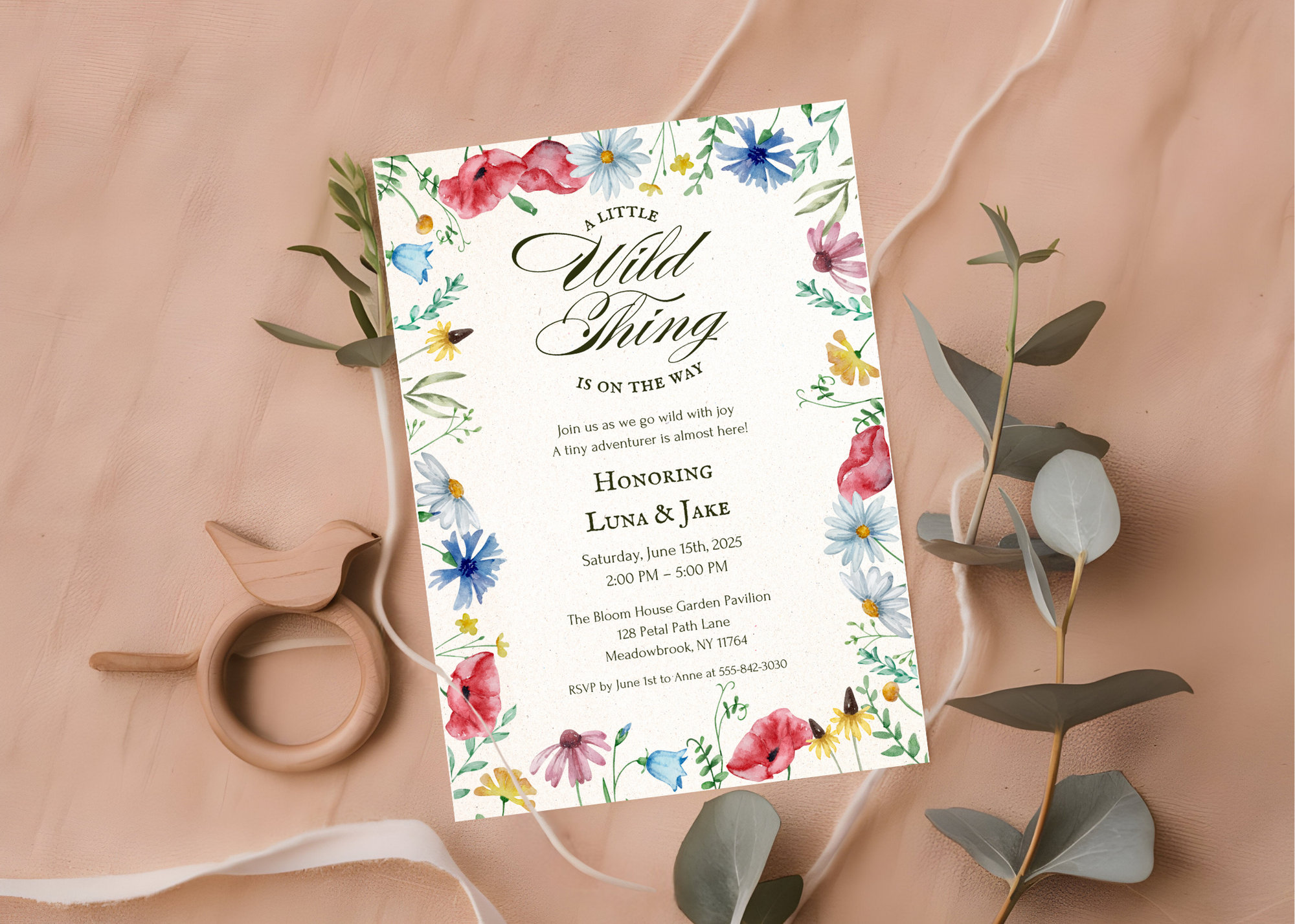 A Little Wildflower Is on the Way – Editable Baby Shower Invitation | Canva Template | Printable Floral Invite for Girl Baby Shower