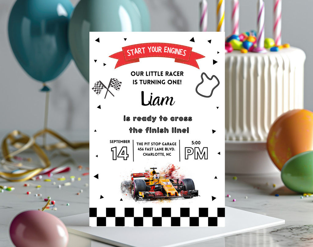 Race Car 1st Birthday Invitation for Boys | Formula One Racing Theme | Editable 5x7 Canva Template | Printable Digital Download Invite