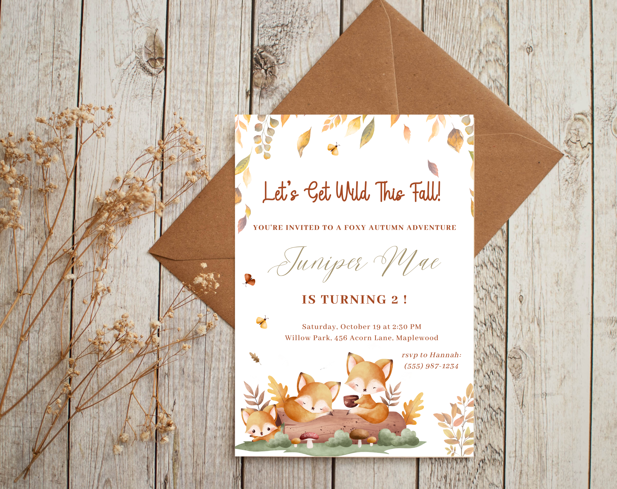 Foxy Autumn Birthday Invitation | Forest Animal Fall Party Invite | 5x7 Canva Template | Editable Printable Digital Download for Kids