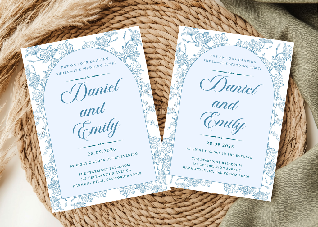 Blue Toile Wedding Invitation | French Chinoiserie Floral Suite | Editable Canva Template | Dusty Blue Printable Elegant Wedding Invite