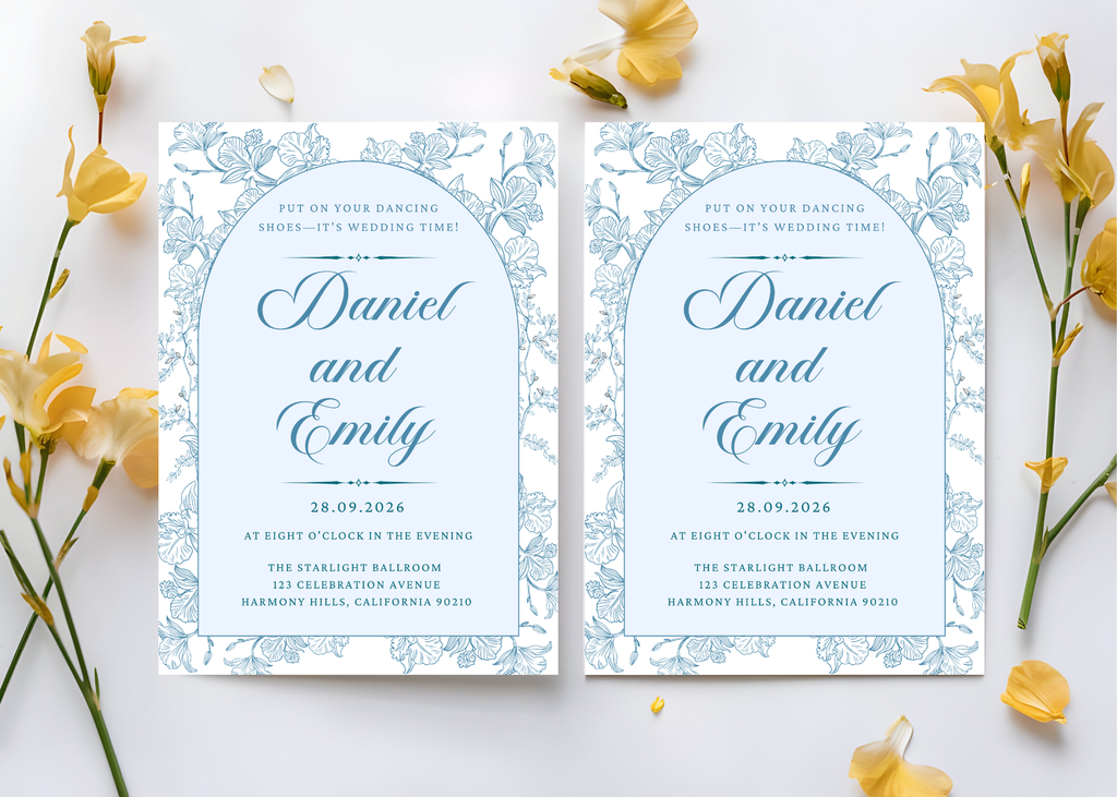 Blue Toile Wedding Invitation | French Chinoiserie Floral Suite | Editable Canva Template | Dusty Blue Printable Elegant Wedding Invite