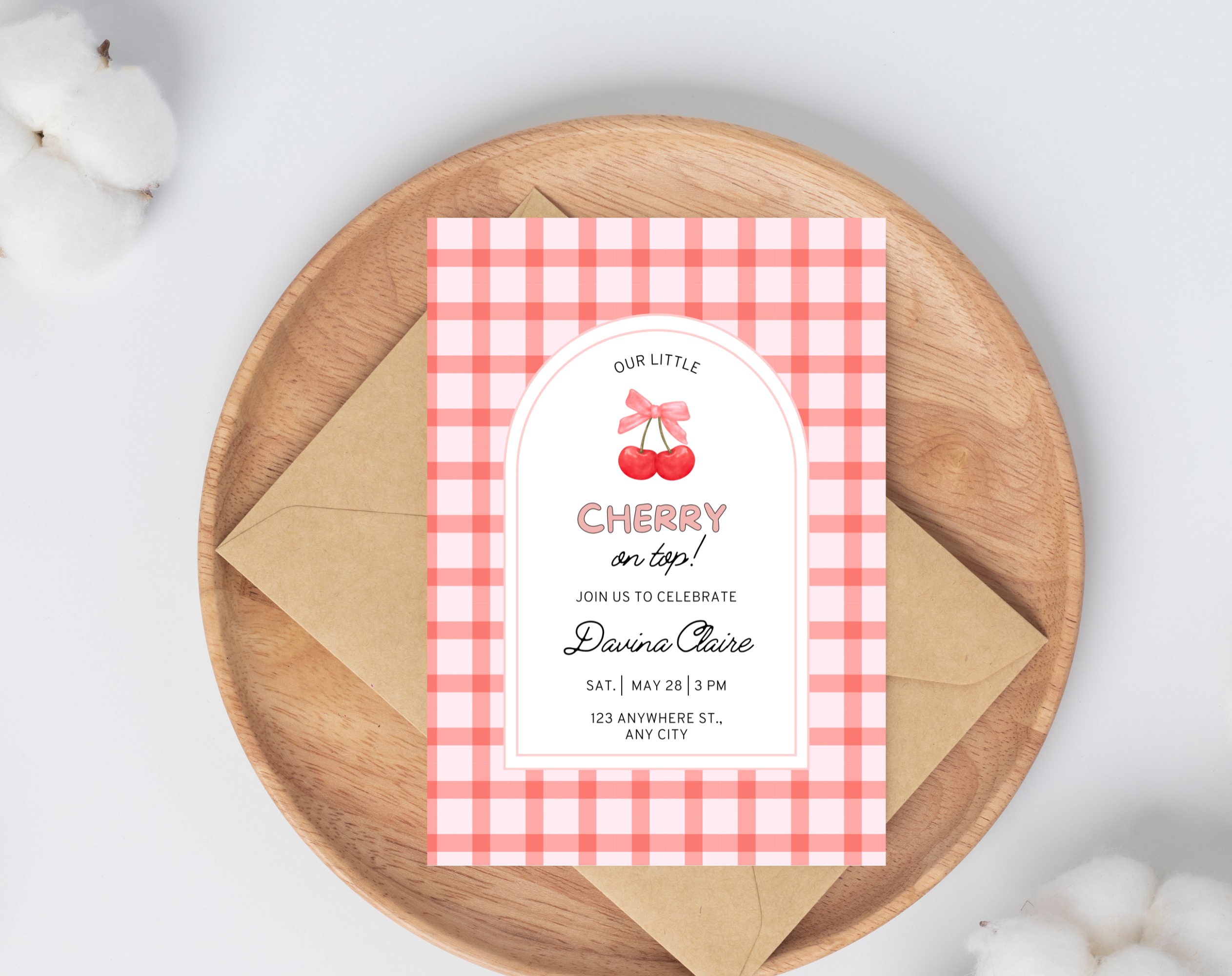 Cherry on Top Birthday Invitation | Editable Canva Template | Sweet Cherry Theme Party Invite | Printable Digital Download for Girls