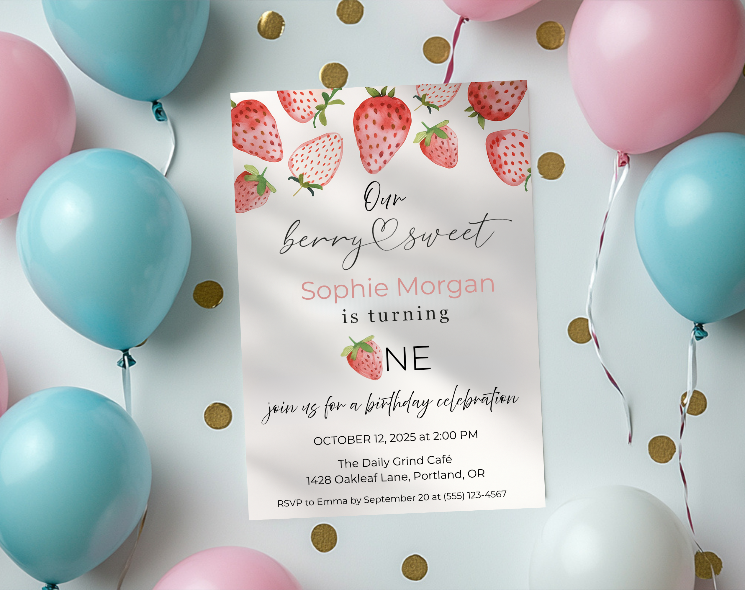 Our Berry Sweet Is Turning One Birthday Invite | Strawberry 1st Birthday Canva Template | Editable 5×7 Printable Digital Download for Girls