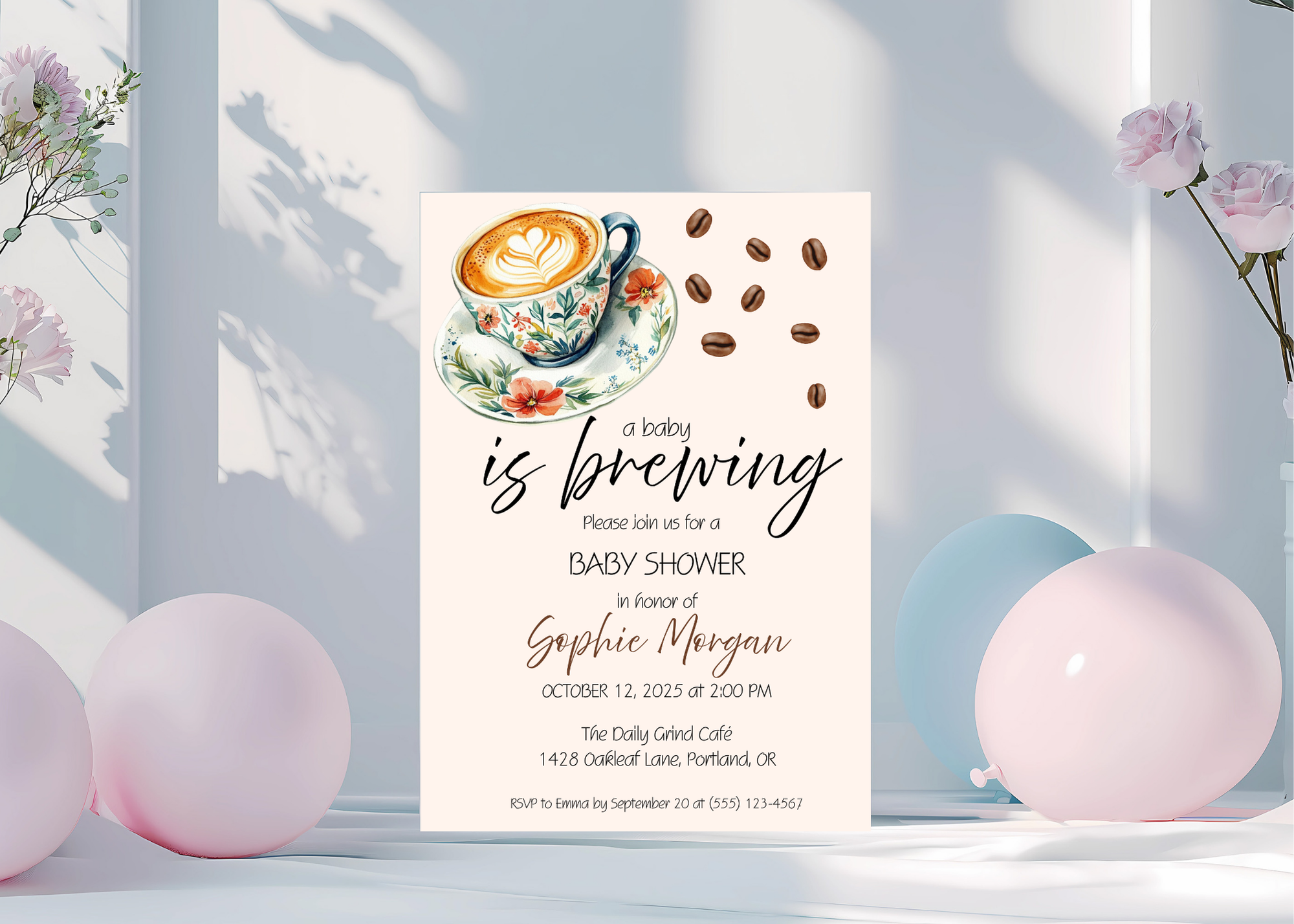 A Baby Is Brewing Invite | Coffee Baby Shower Invitation | Canva Template | Printable 5x7 | Editable Digital Download for Baby Girl or Boy