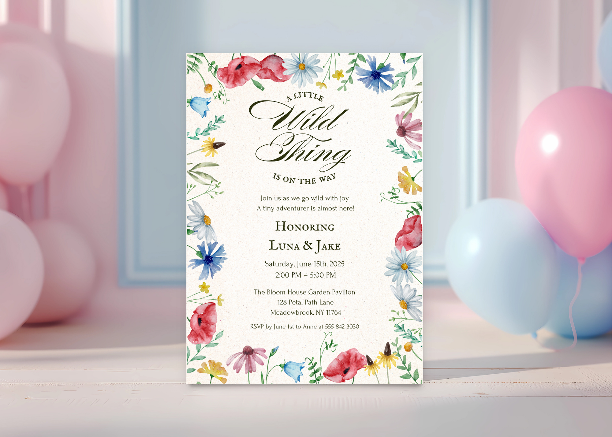 A Little Wildflower Is on the Way – Editable Baby Shower Invitation | Canva Template | Printable Floral Invite for Girl Baby Shower