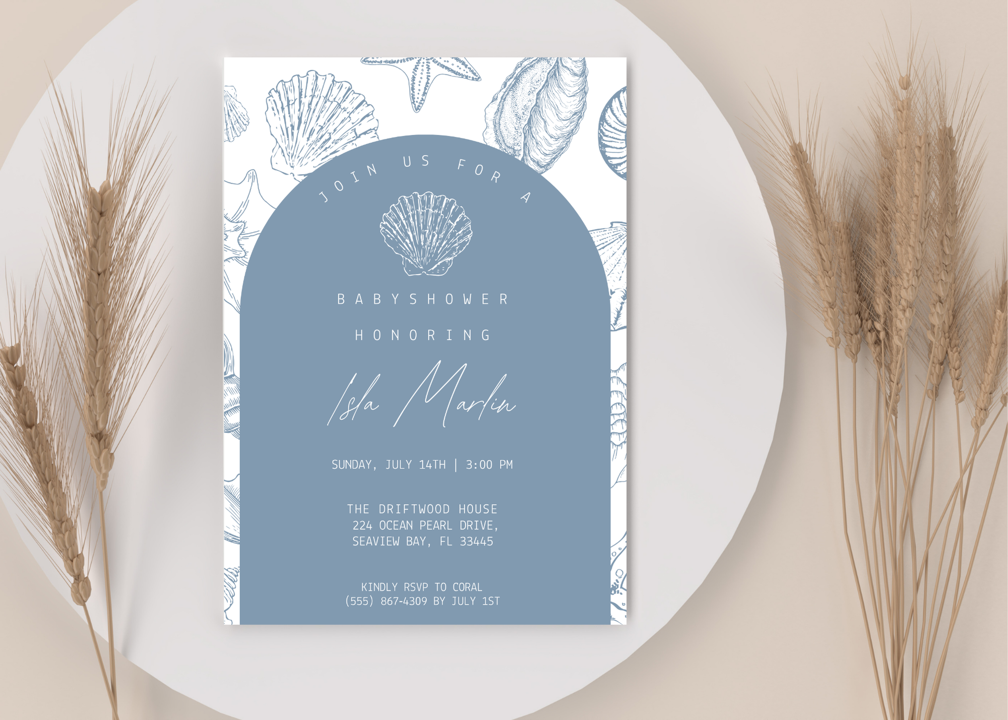 Sea You Soon Baby Shower Invitation | Ocean Shell 5×7 Canva Template | Beach Coastal Baby Invite | Editable Printable Digital Download