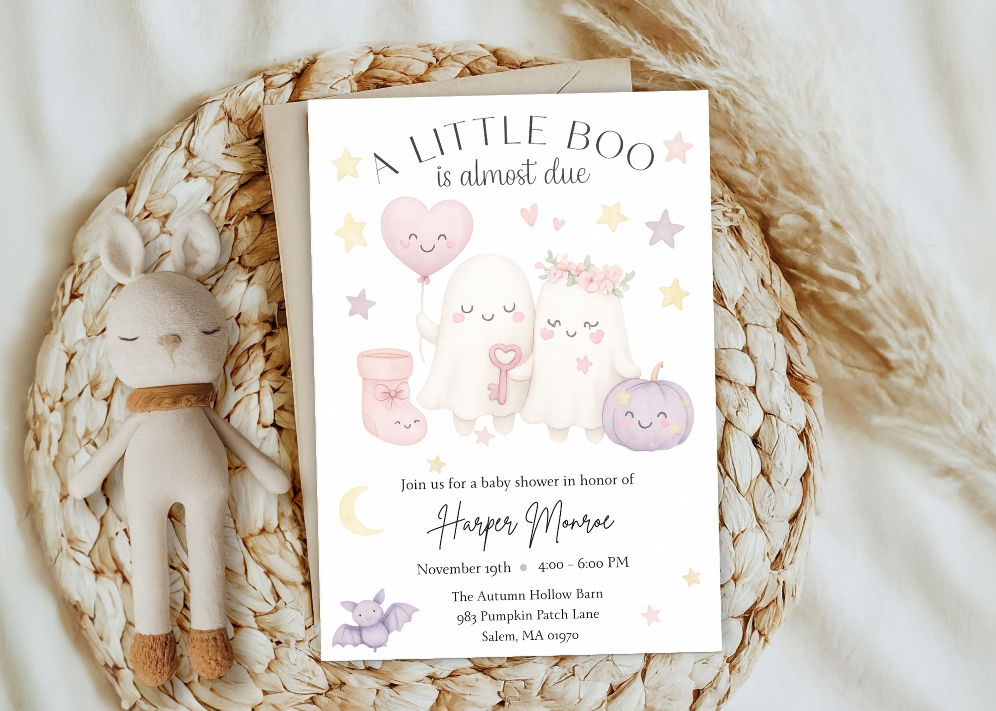 A Little Boo Baby Shower Invitation, Pink Halloween Baby Shower Invitation, Ghost Halloween Girl Baby Shower Invite, Editable Template Pink