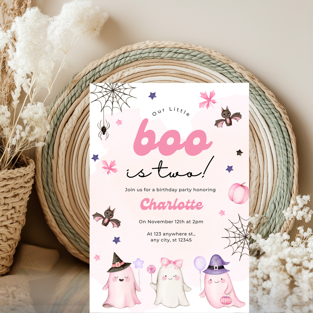 Our Little Boo is Turning Two Halloween Birthday Invitation Cute Ghost 2nd Birthday Party Invite Printable Halloween Toddler Girly pastel