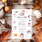 Our Little Boo Girly Coquette Halloween Invitation Pink Ghosts Bows Cowboy Boots Invite Editable Canva Template Printable Digital Download