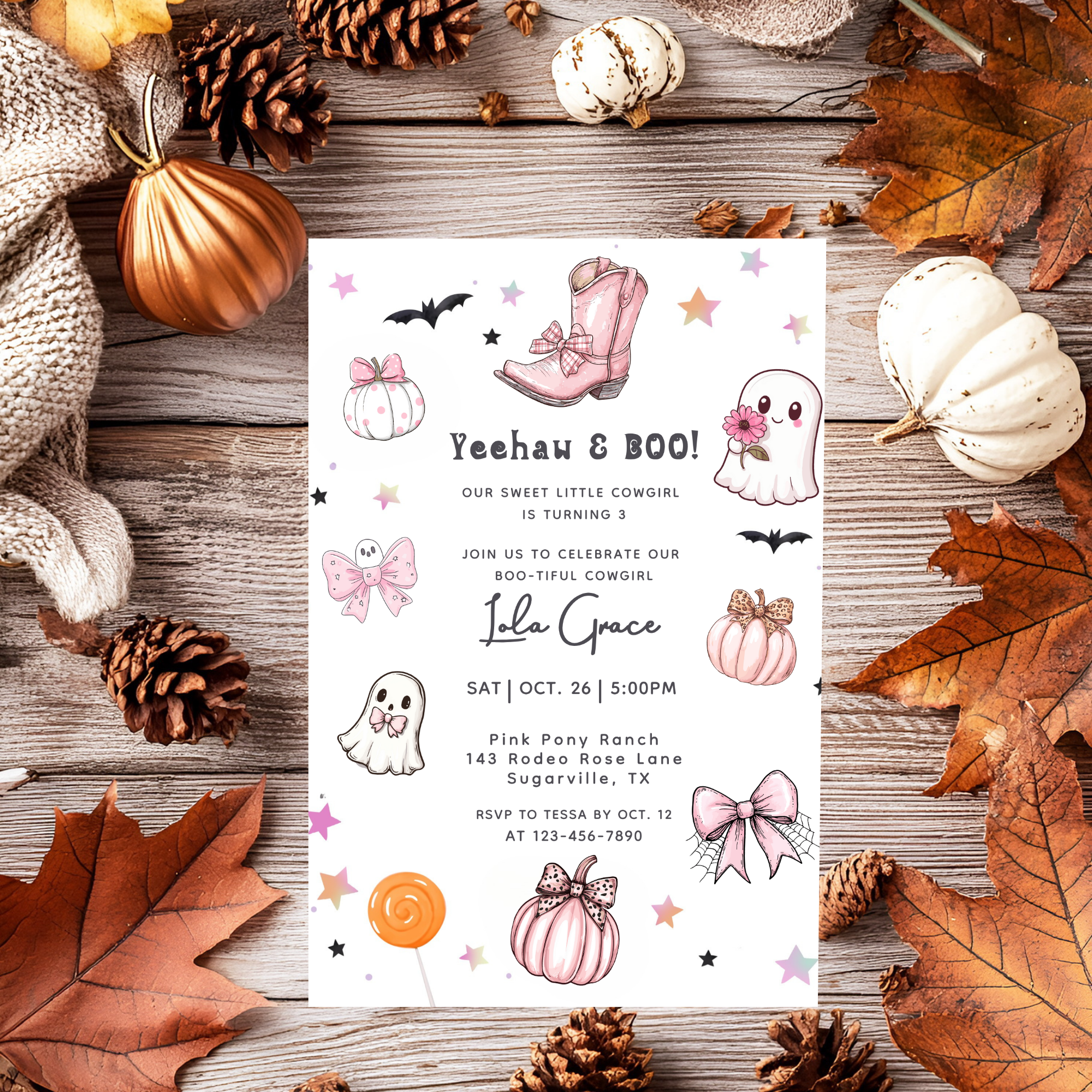 Our Little Boo Girly Coquette Halloween Invitation Pink Ghosts Bows Cowboy Boots Invite Editable Canva Template Printable Digital Download