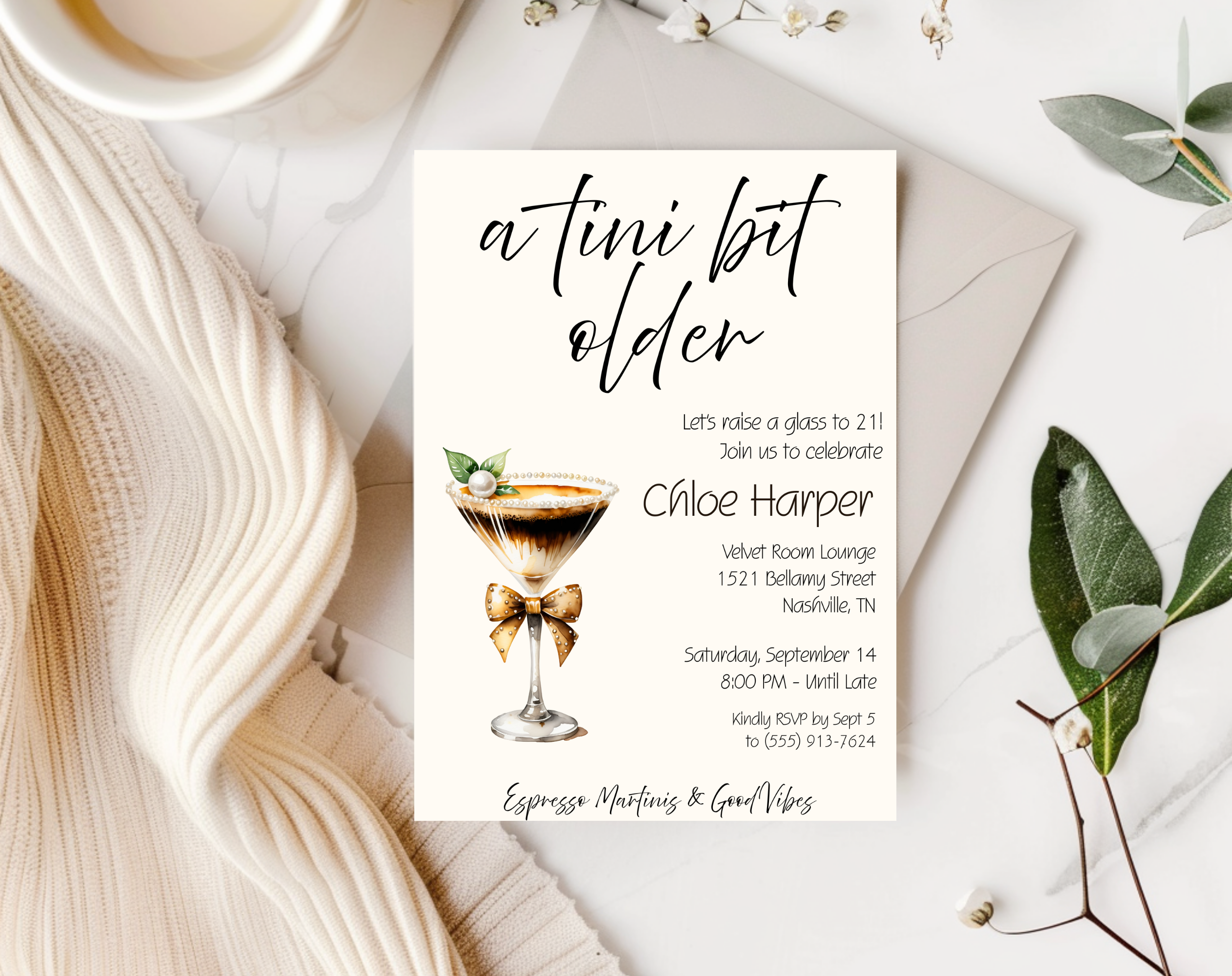 A Tini Bit Older 21st Birthday Invite | Espresso Martini Cocktail Party | Women’s Birthday Invite Drink Bow EDITABLE template in Canva