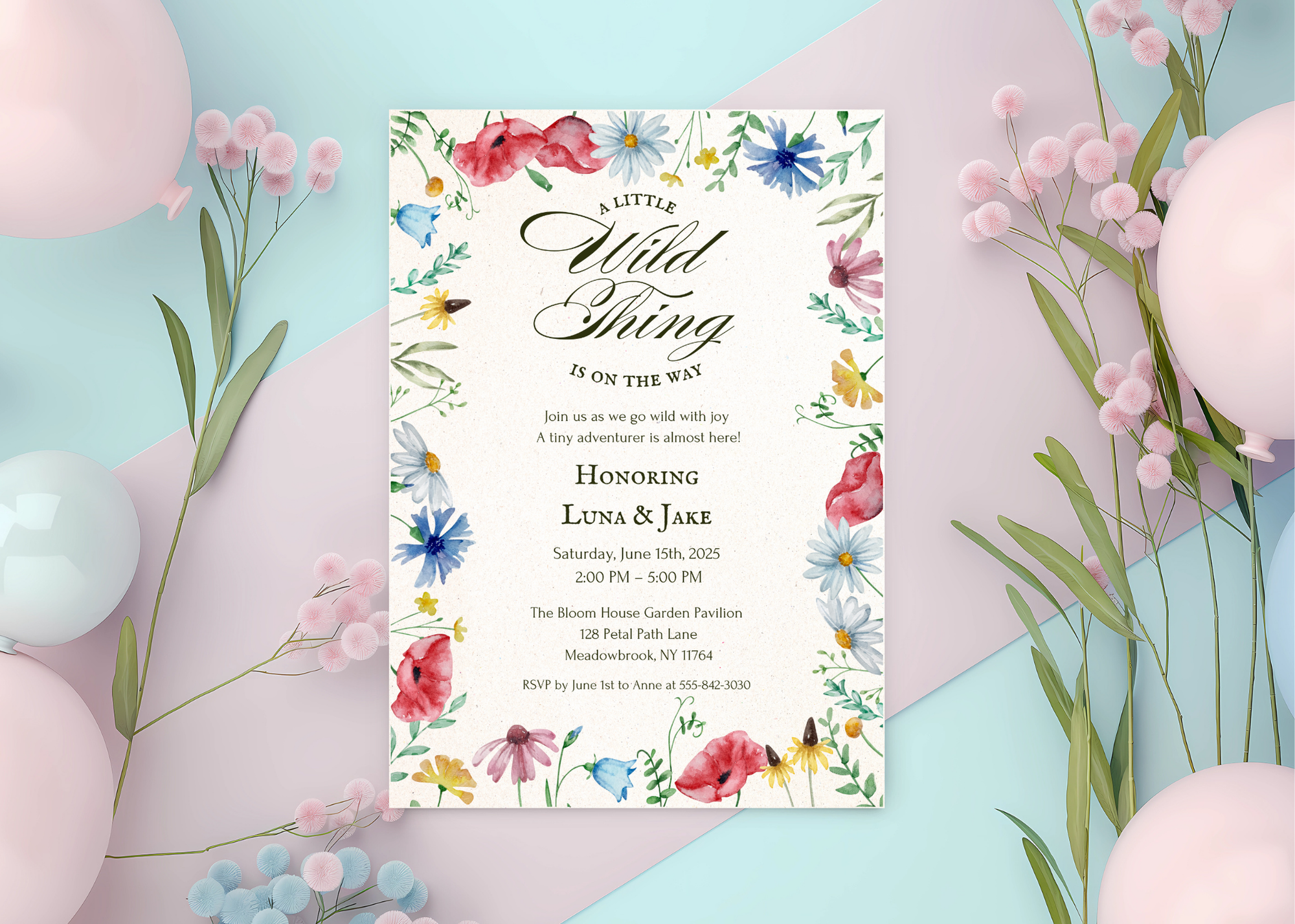 A Little Wildflower Is on the Way – Editable Baby Shower Invitation | Canva Template | Printable Floral Invite for Girl Baby Shower