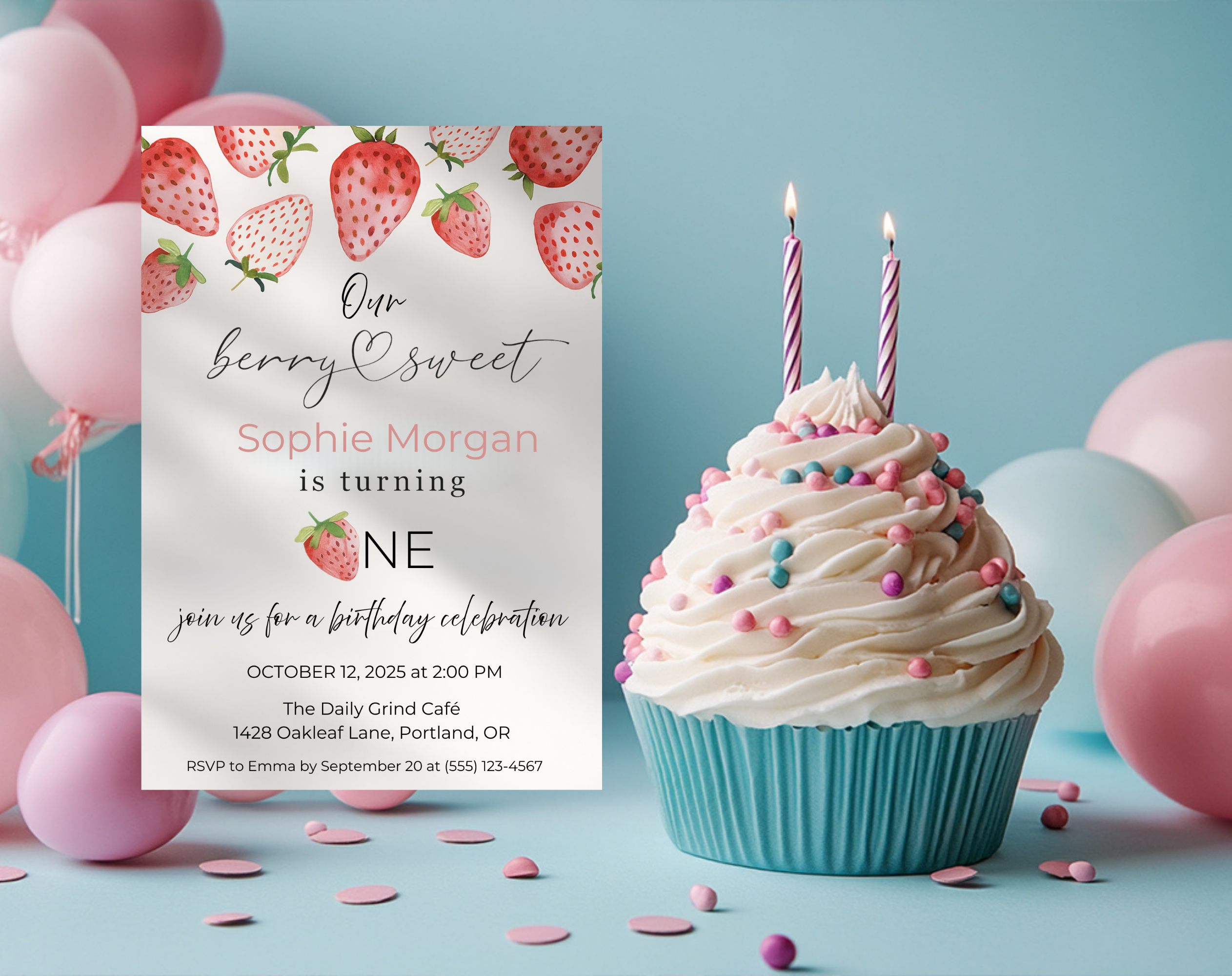 Our Berry Sweet Is Turning One Birthday Invite | Strawberry 1st Birthday Canva Template | Editable 5×7 Printable Digital Download for Girls