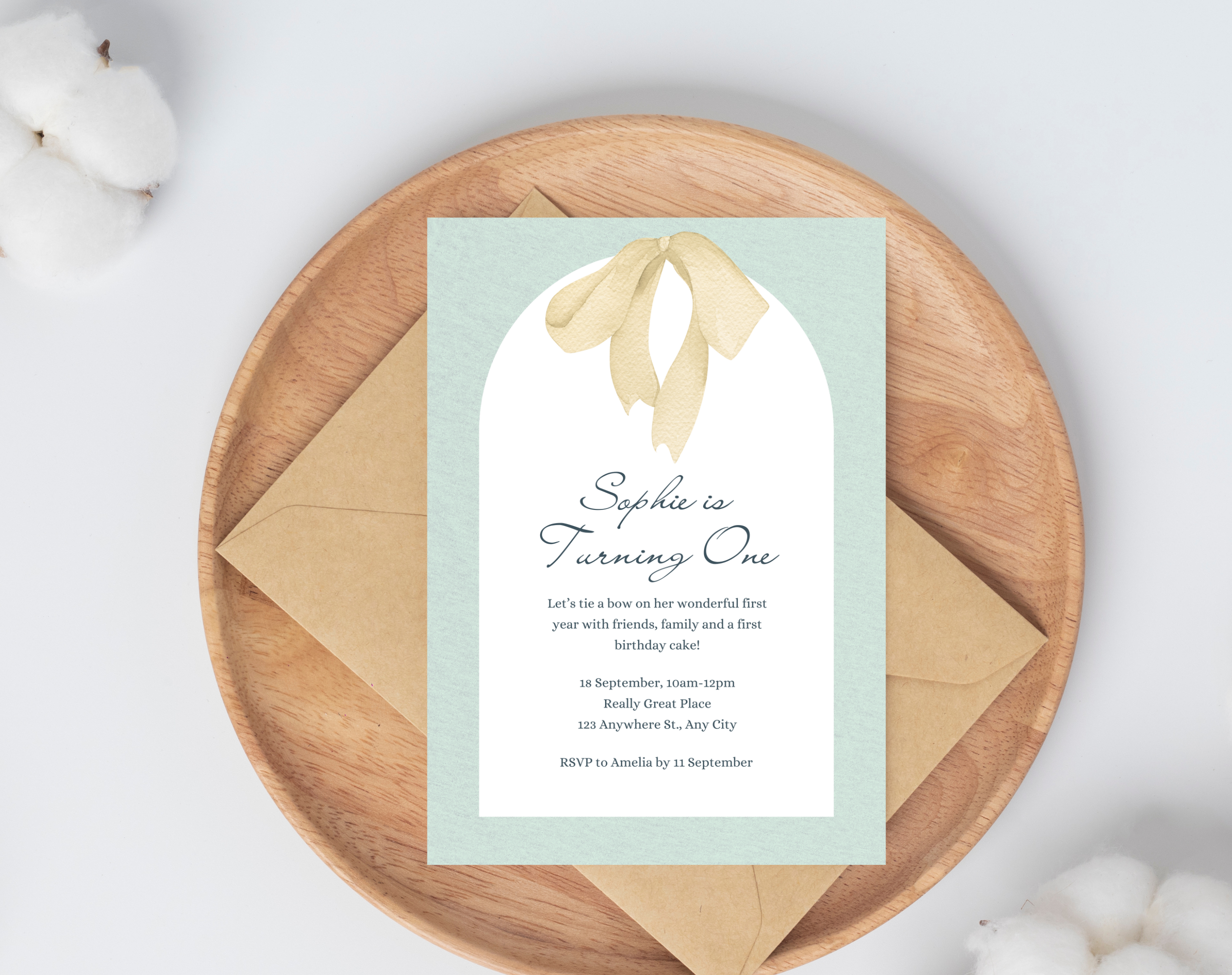 First Birthday Invitation Girl | Light Green Yellow Bow Theme | Editable Canva Template | Printable 1st Birthday Party Invite for Her