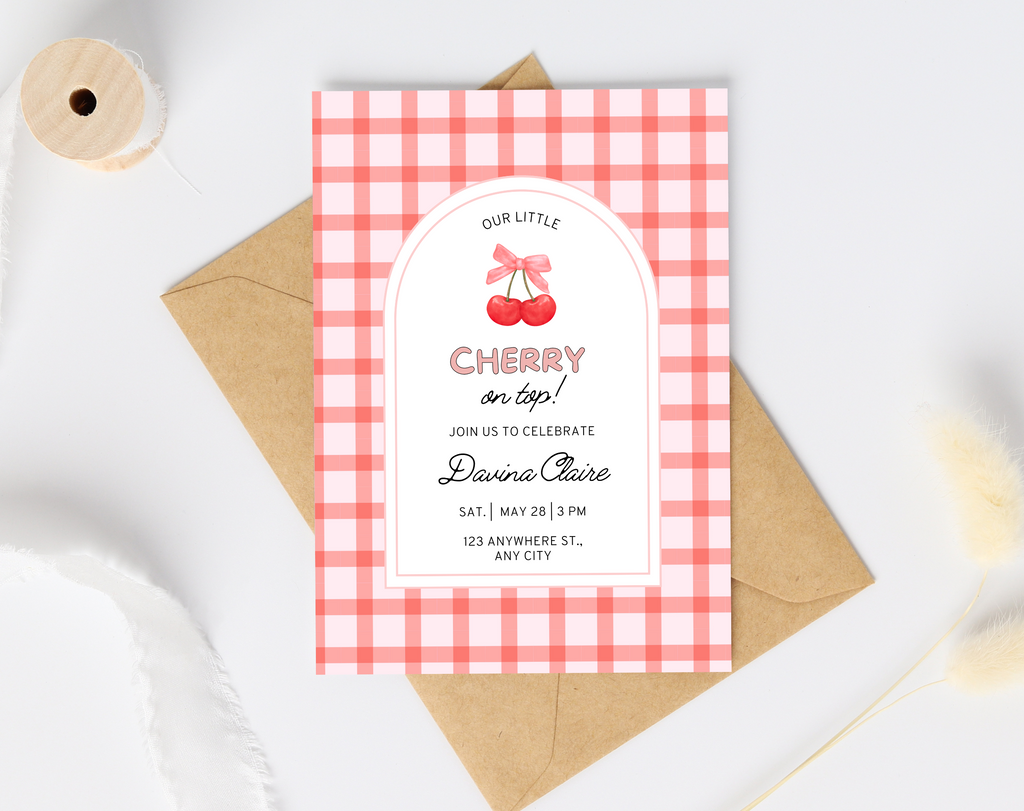 Cherry on Top Birthday Invitation | Editable Canva Template | Sweet Cherry Theme Party Invite | Printable Digital Download for Girls