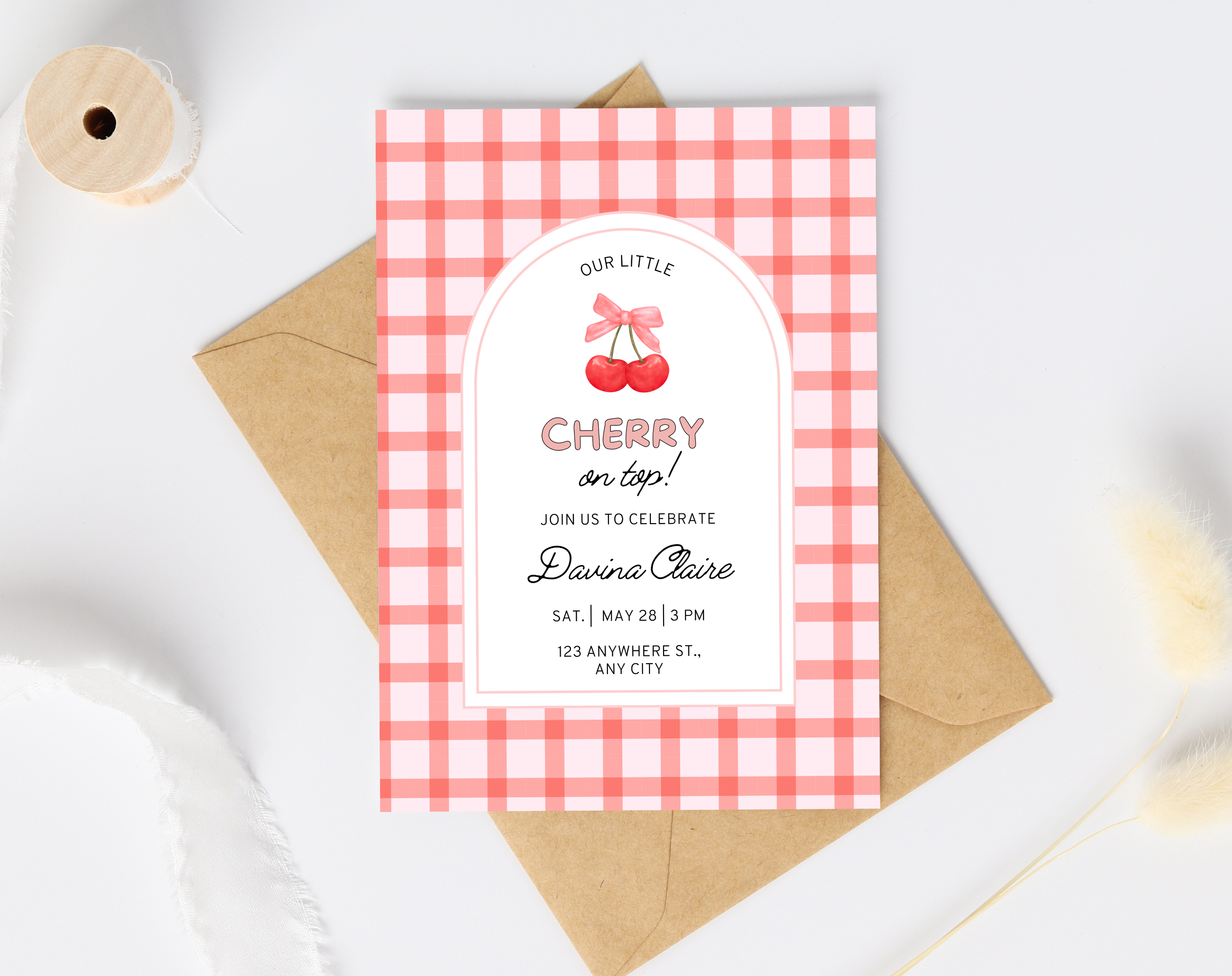 Cherry on Top Birthday Invitation | Editable Canva Template | Sweet Cherry Theme Party Invite | Printable Digital Download for Girls