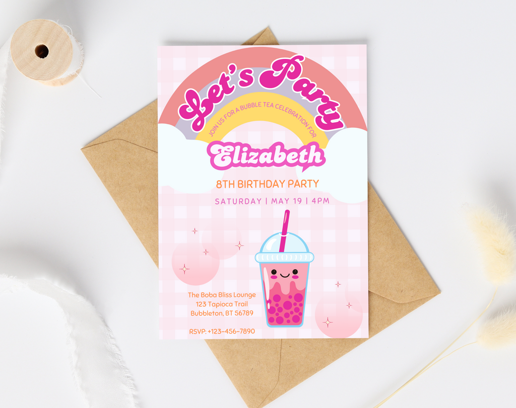 Bubble Tea Birthday Invitation | Let's Par-Tea Boba Invite | Editable Canva Template | Kawaii Girl Party | Instant Download