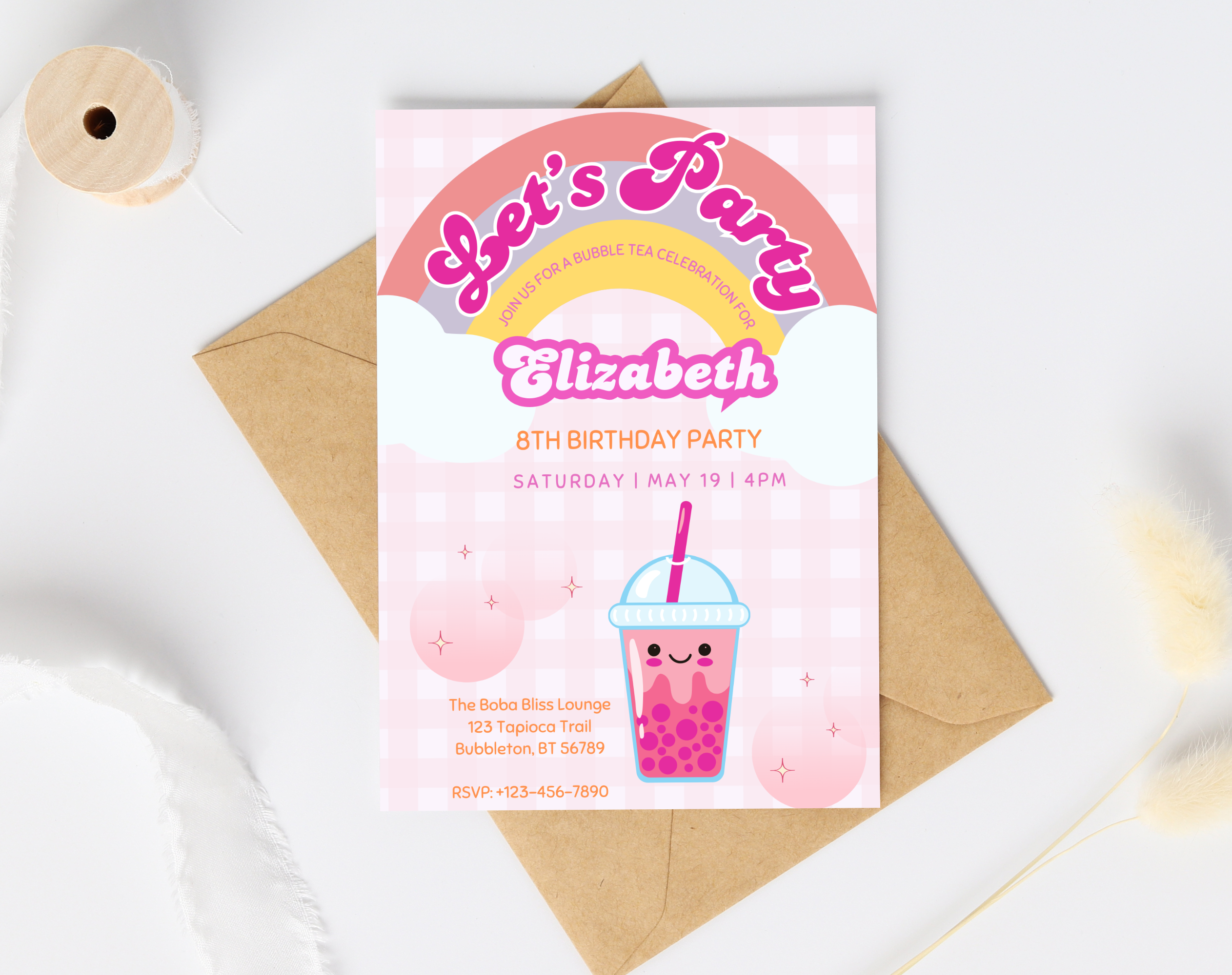 Bubble Tea Birthday Invitation | Let's Par-Tea Boba Invite | Editable Canva Template | Kawaii Girl Party | Instant Download