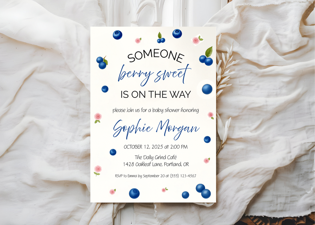 Someone Berry Sweet Is On the Way Baby Shower Invite Blueberries Canva Template | Editable Printable Digital Download Blueberry Baby Shower
