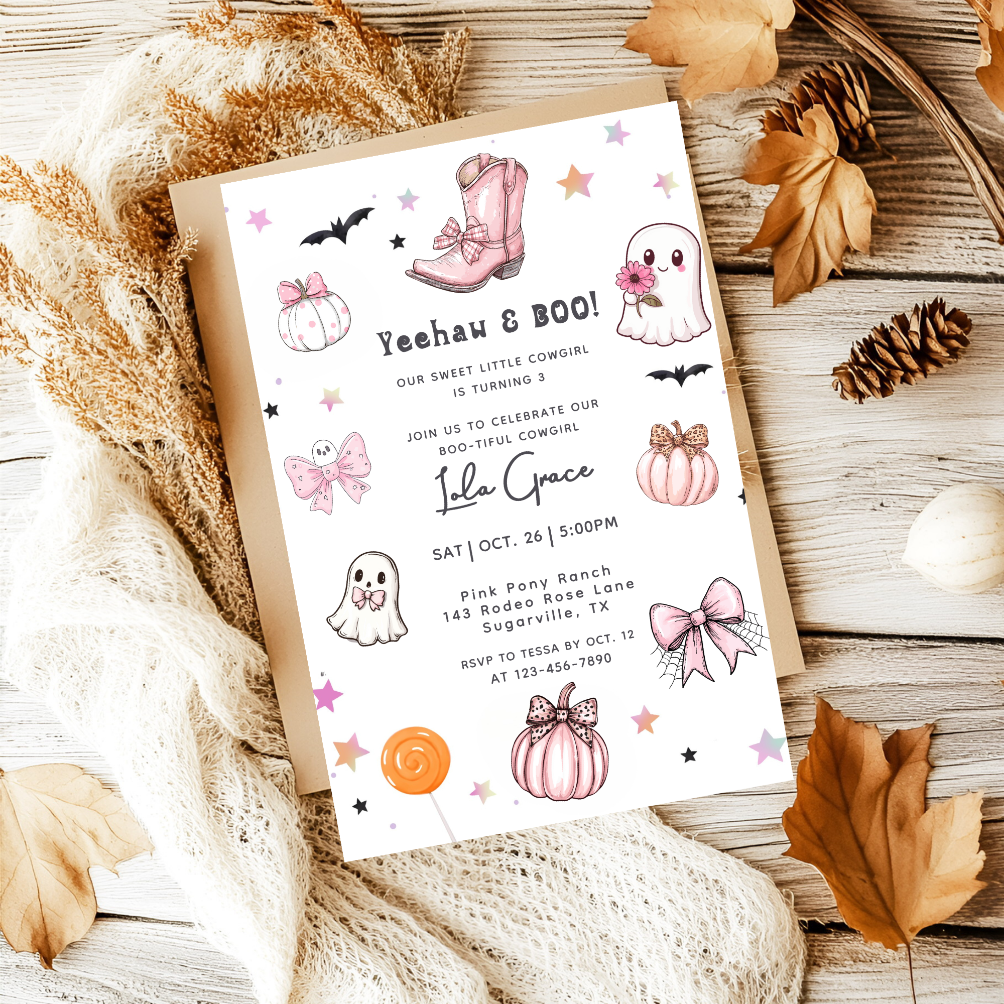 Our Little Boo Girly Coquette Halloween Invitation Pink Ghosts Bows Cowboy Boots Invite Editable Canva Template Printable Digital Download