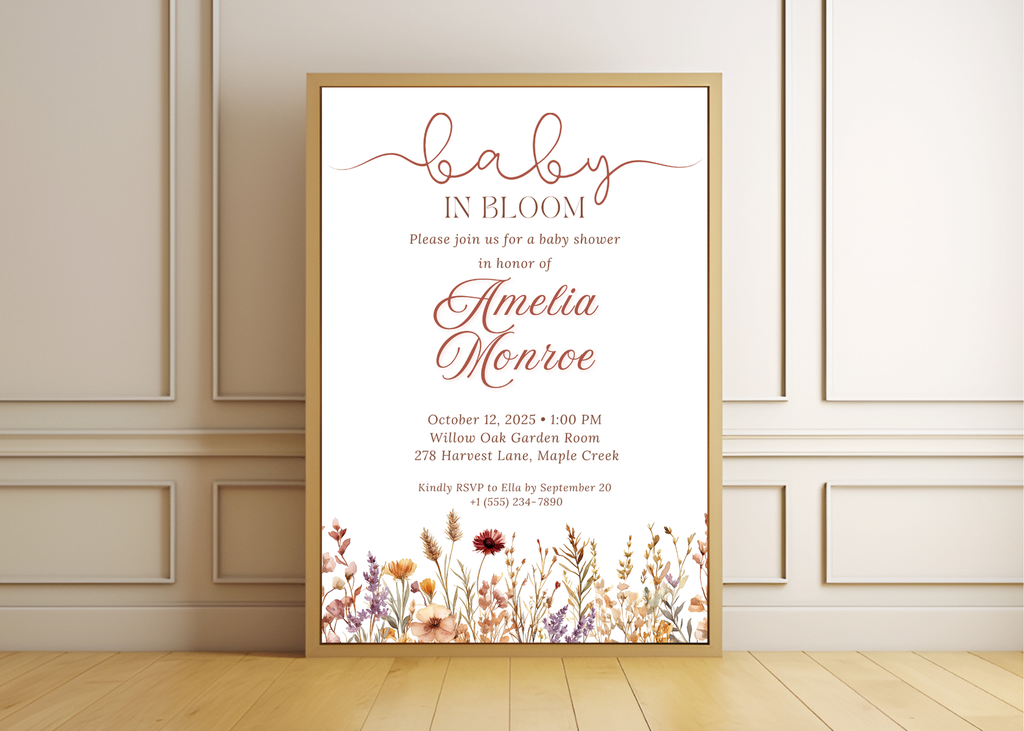 Baby in Bloom Baby Shower Invitation | Girly Boho Floral Flower Wildflowers Invite | Canva Template | Editable Printable Digital Download