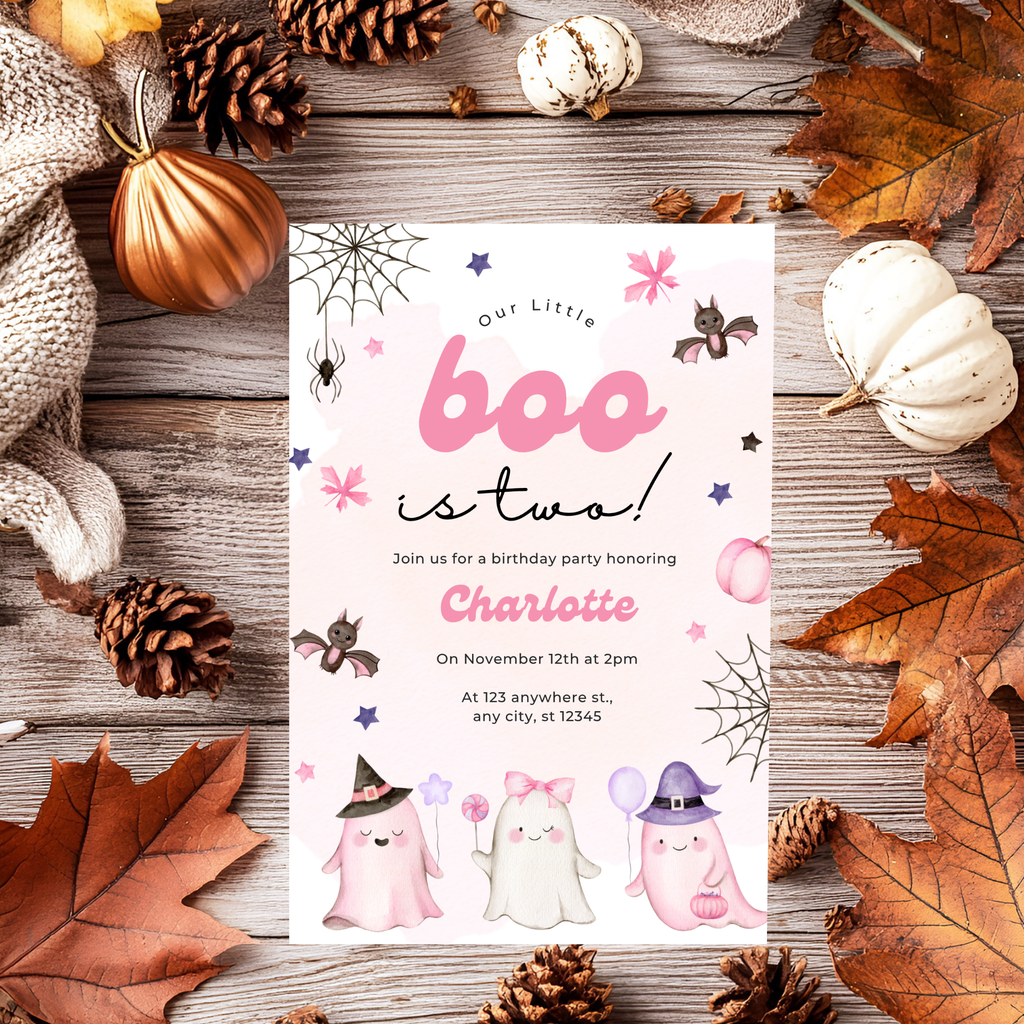 Our Little Boo is Turning Two Halloween Birthday Invitation Cute Ghost 2nd Birthday Party Invite Printable Halloween Toddler Girly pastel