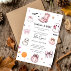 Our Little Boo Girly Coquette Halloween Invitation Pink Ghosts Bows Cowboy Boots Invite Editable Canva Template Printable Digital Download
