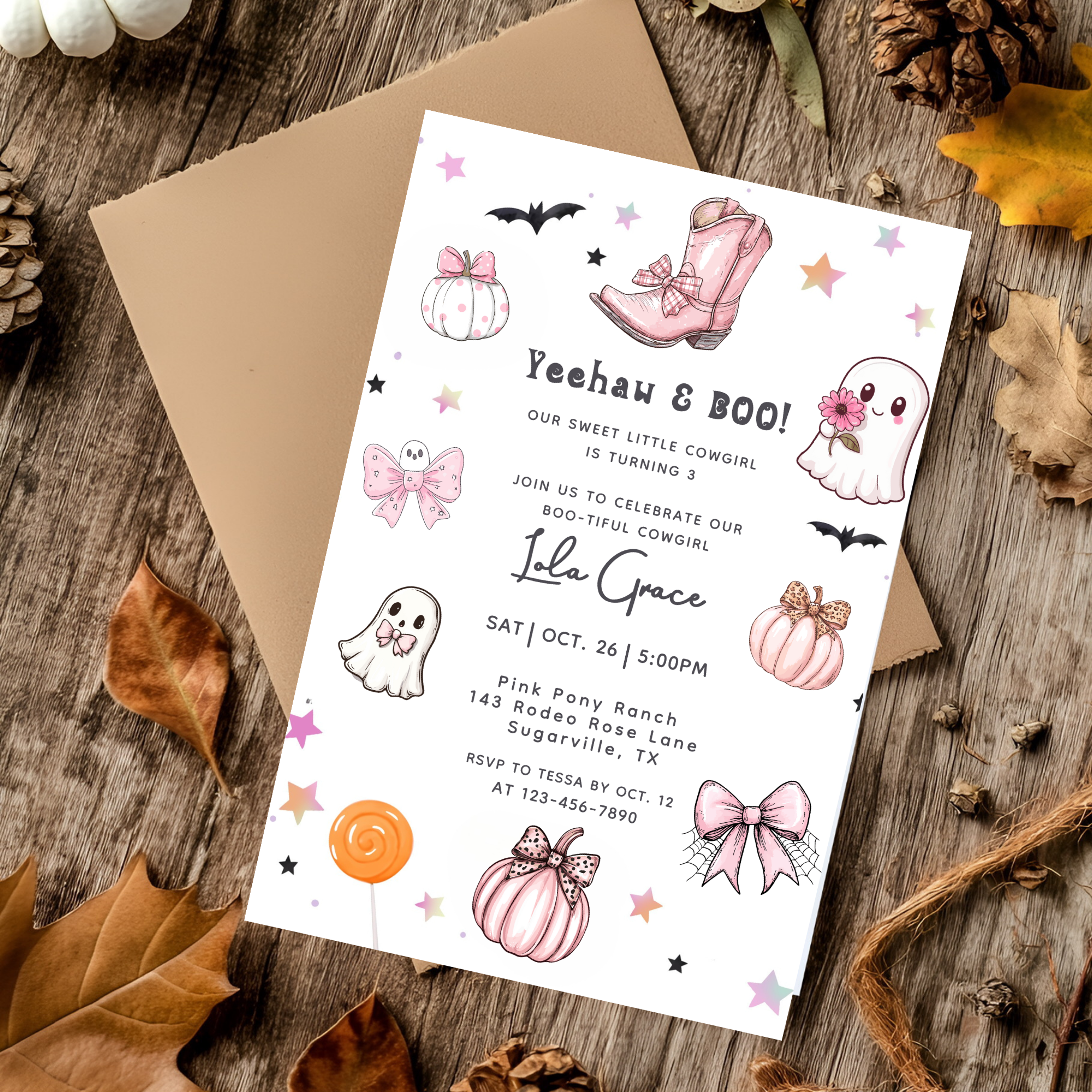 Our Little Boo Girly Coquette Halloween Invitation Pink Ghosts Bows Cowboy Boots Invite Editable Canva Template Printable Digital Download