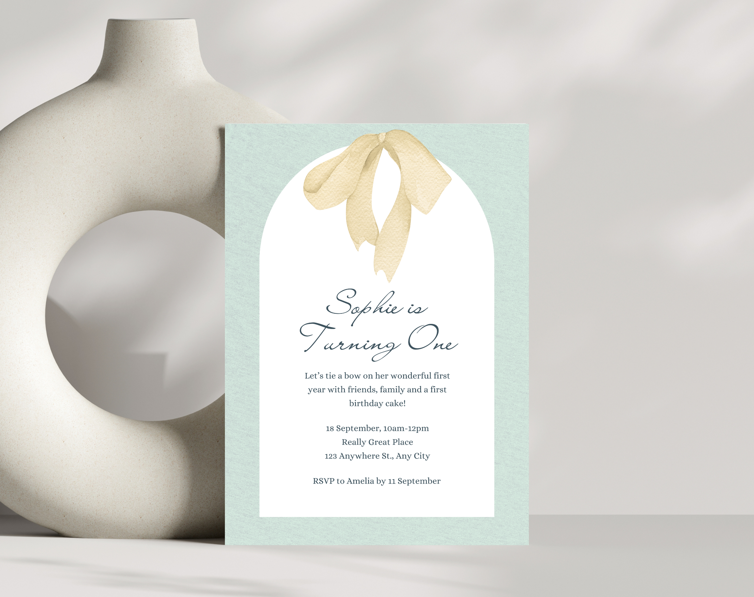 First Birthday Invitation Girl | Light Green Yellow Bow Theme | Editable Canva Template | Printable 1st Birthday Party Invite for Her
