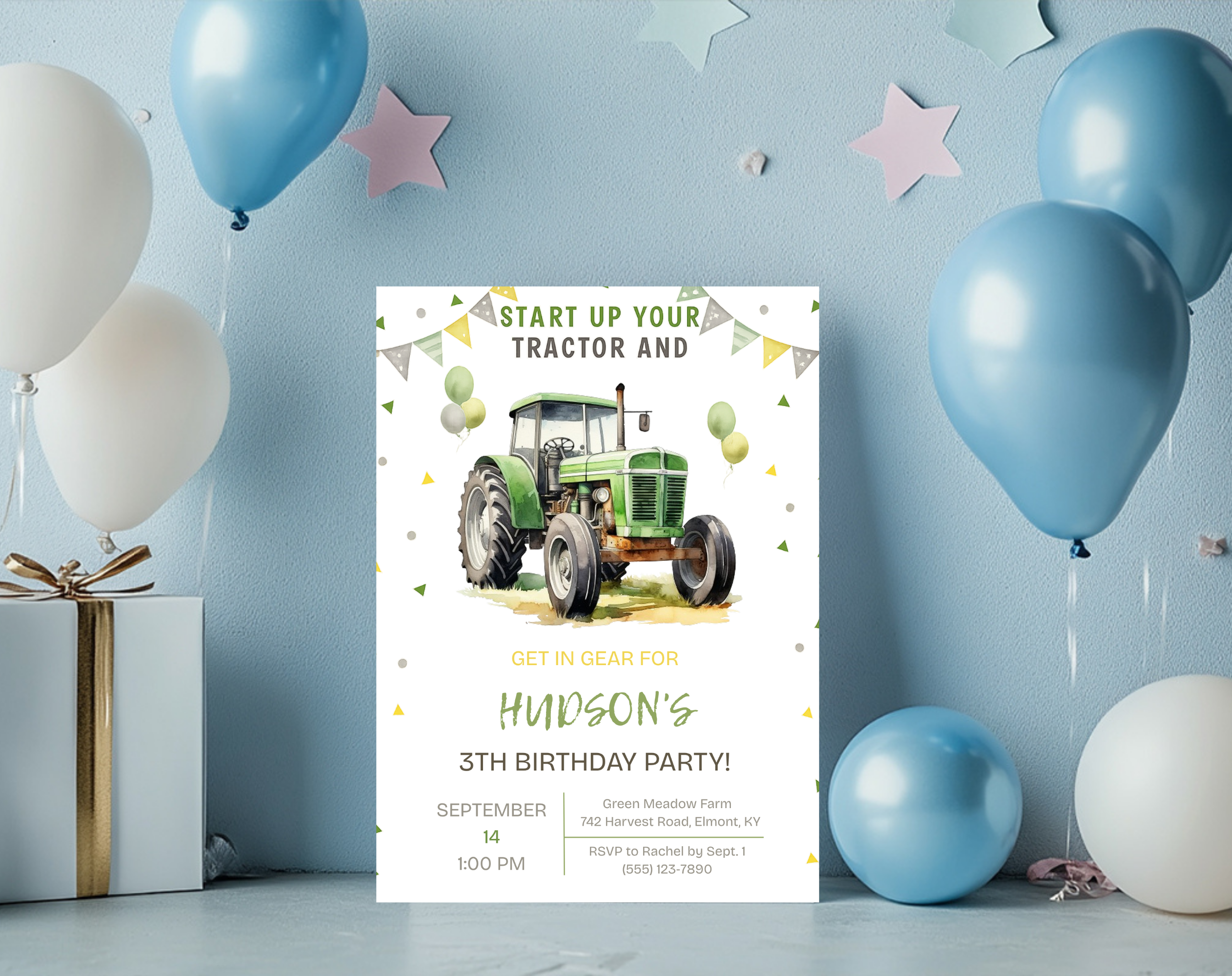 Green Tractor Birthday Invitation | Farm Boy Party Invite | Editable Printable Digital Download | Farm Vehicles Theme Birthday Invite