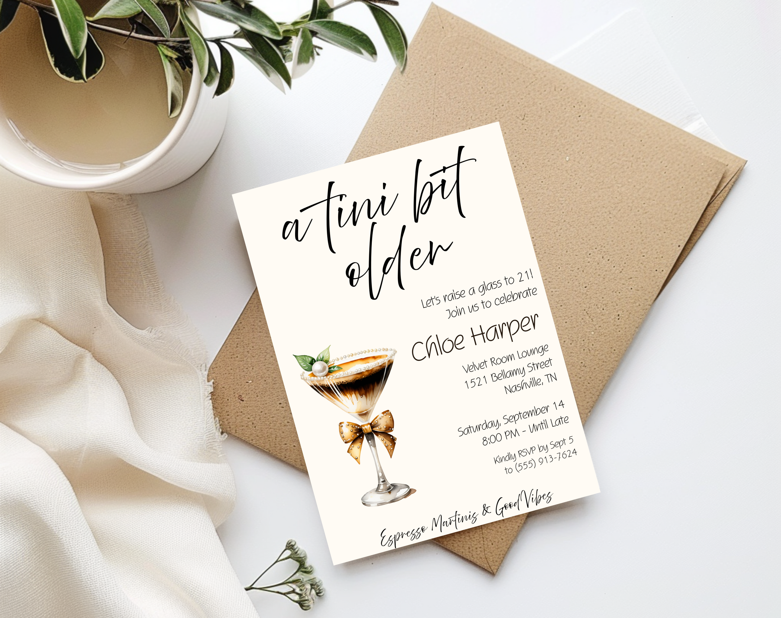A Tini Bit Older 21st Birthday Invite | Espresso Martini Cocktail Party | Women’s Birthday Invite Drink Bow EDITABLE template in Canva