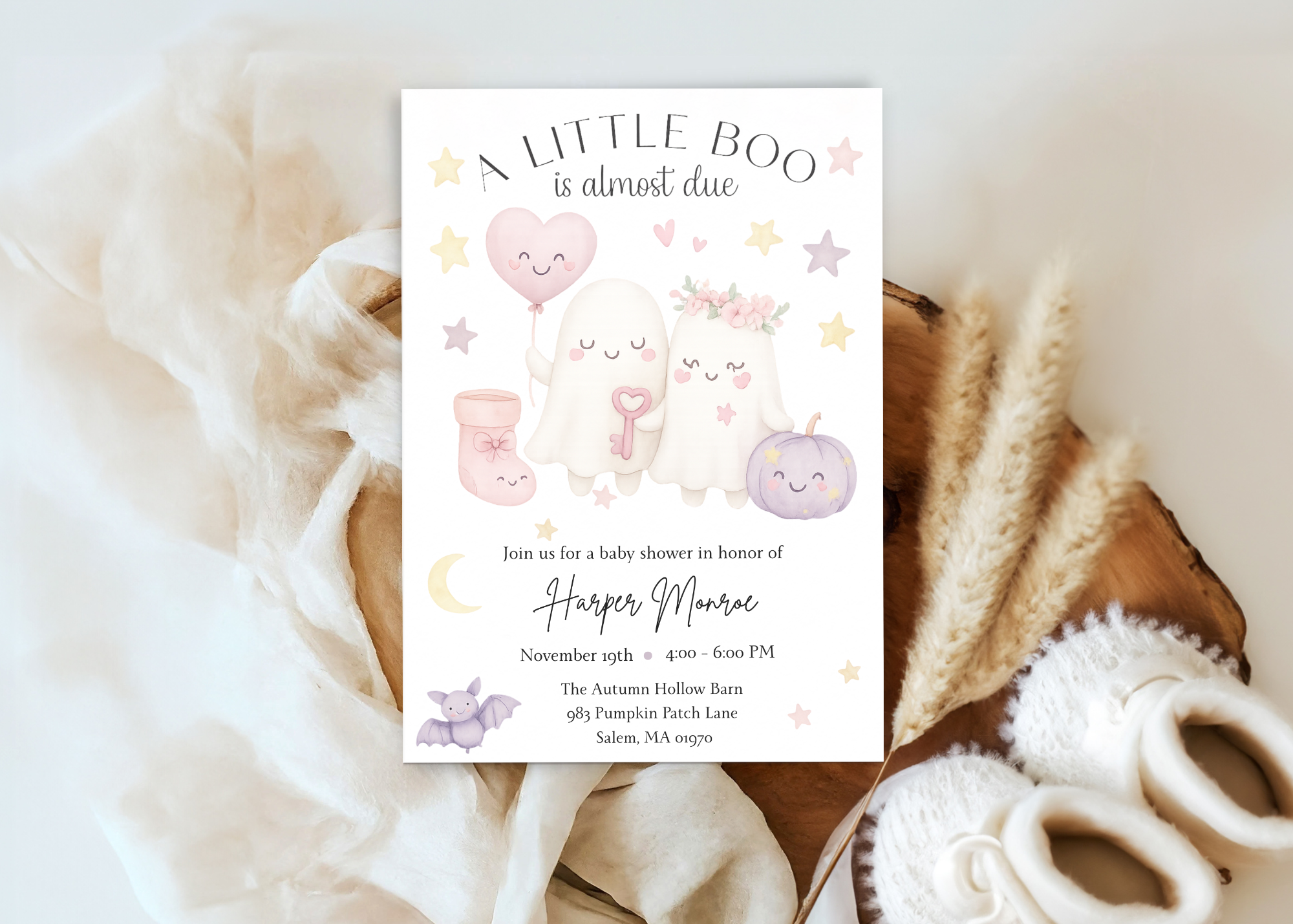 A Little Boo Baby Shower Invitation, Pink Halloween Baby Shower Invitation, Ghost Halloween Girl Baby Shower Invite, Editable Template Pink