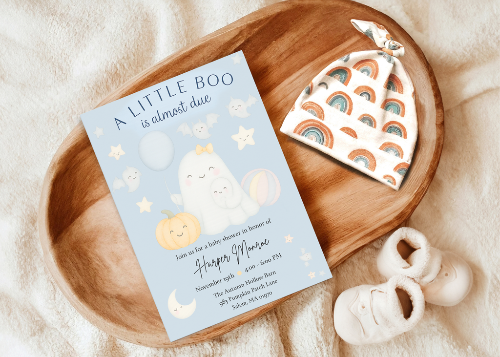 A Little Boo Baby Shower Invitation, Blue Halloween Baby Shower Invitation, Ghost Halloween Boy Baby Shower Invite, Editable Template Blue