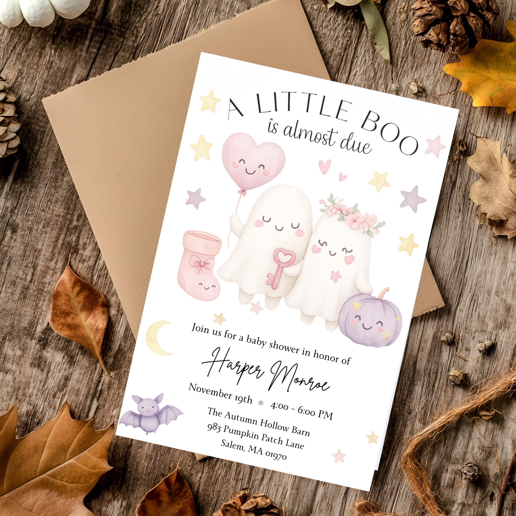 A Little Boo Baby Shower Invitation, Pink Halloween Baby Shower Invitation, Ghost Halloween Girl Baby Shower Invite, Editable Template Pink