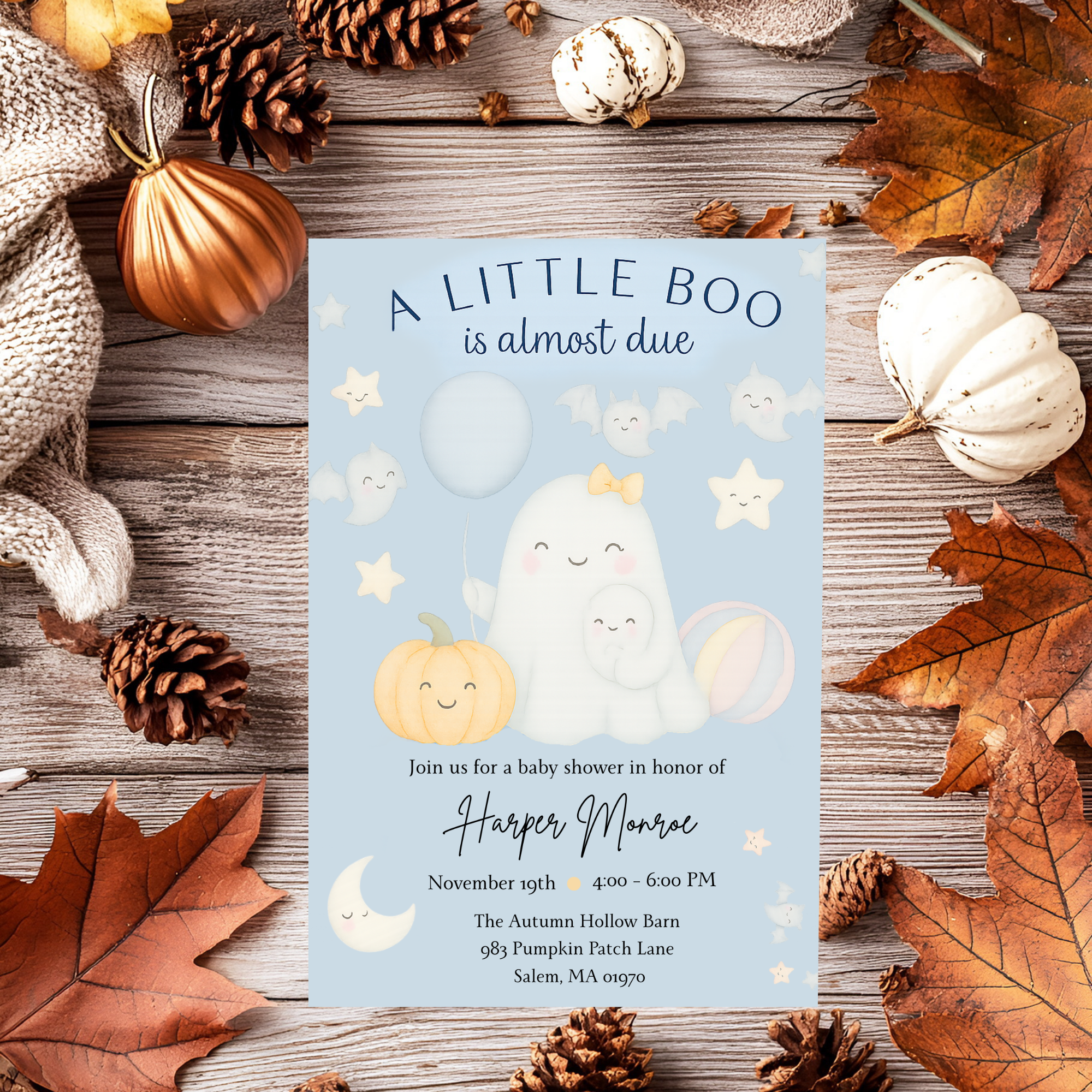 A Little Boo Baby Shower Invitation, Blue Halloween Baby Shower Invitation, Ghost Halloween Boy Baby Shower Invite, Editable Template Blue