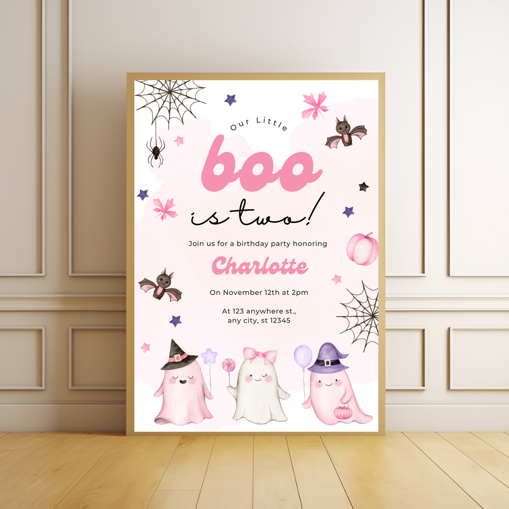 Our Little Boo is Turning Two Halloween Birthday Invitation Cute Ghost 2nd Birthday Party Invite Printable Halloween Toddler Girly pastel