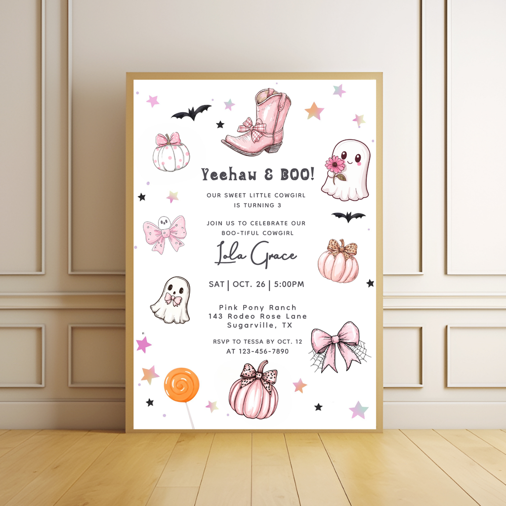 Our Little Boo Girly Coquette Halloween Invitation Pink Ghosts Bows Cowboy Boots Invite Editable Canva Template Printable Digital Download