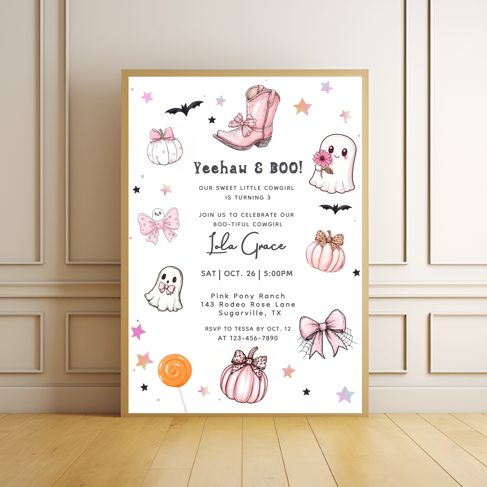 Our Little Boo Girly Coquette Halloween Invitation Pink Ghosts Bows Cowboy Boots Invite Editable Canva Template Printable Digital Download