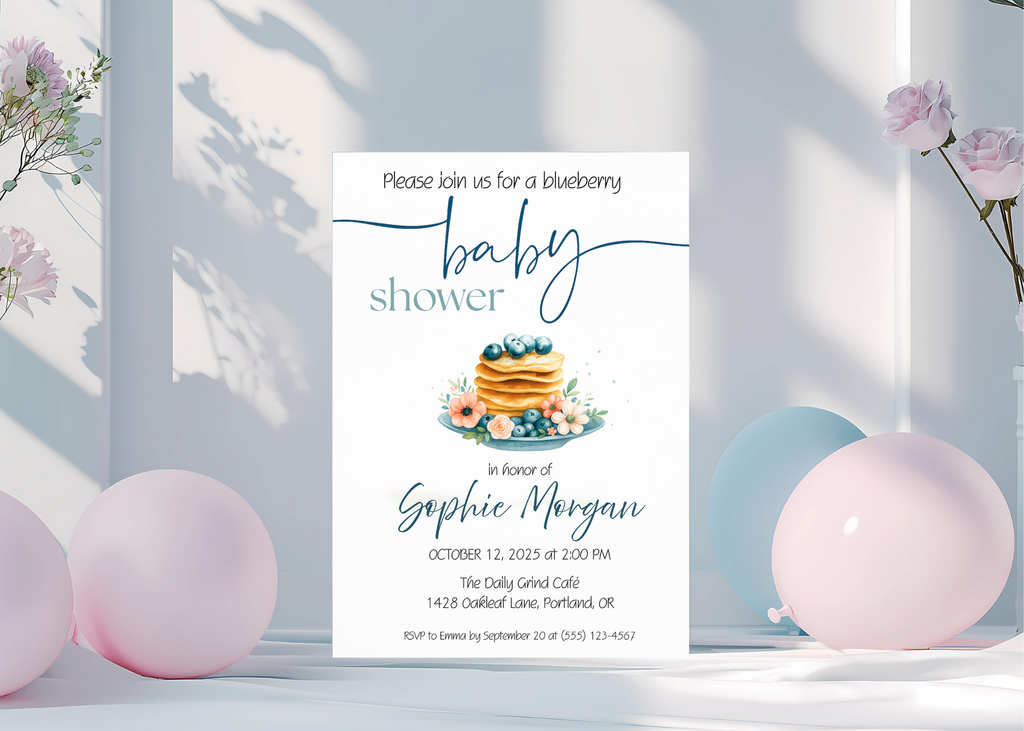 Blueberry Baby Shower Invitation Editable Canva Template Blueberry Pancake Sweet Brunch Invite Printable Digital Download Baby on the Way