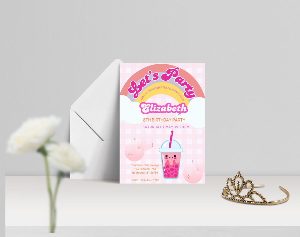 Bubble Tea Birthday Invitation | Let's Par-Tea Boba Invite | Editable Canva Template | Kawaii Girl Party | Instant Download