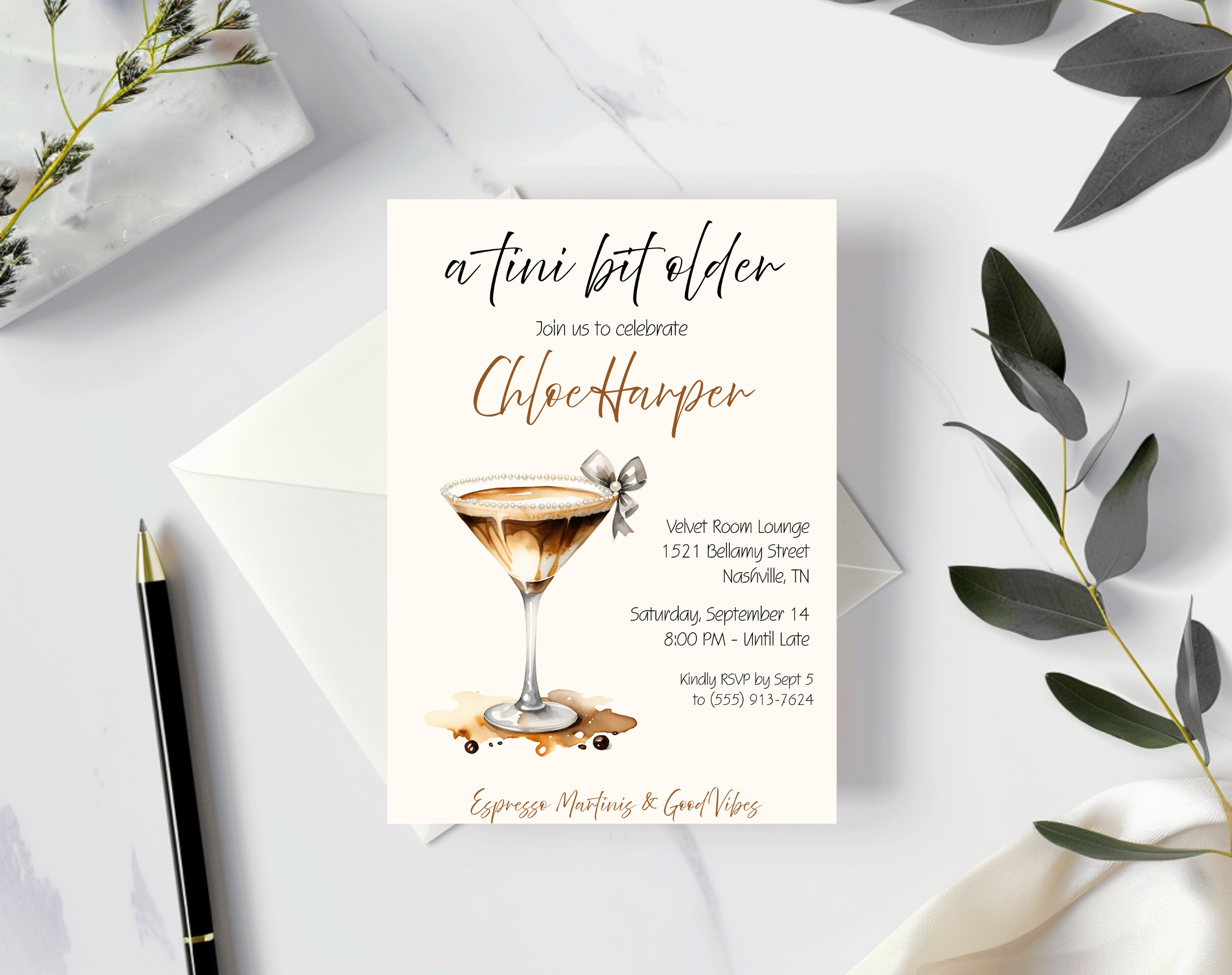 A Tini Bit Older Birthday Invitation | Espresso Martini Cocktail Party | Women’s Birthday Invite Drink Bow EDITABLE template in Canva