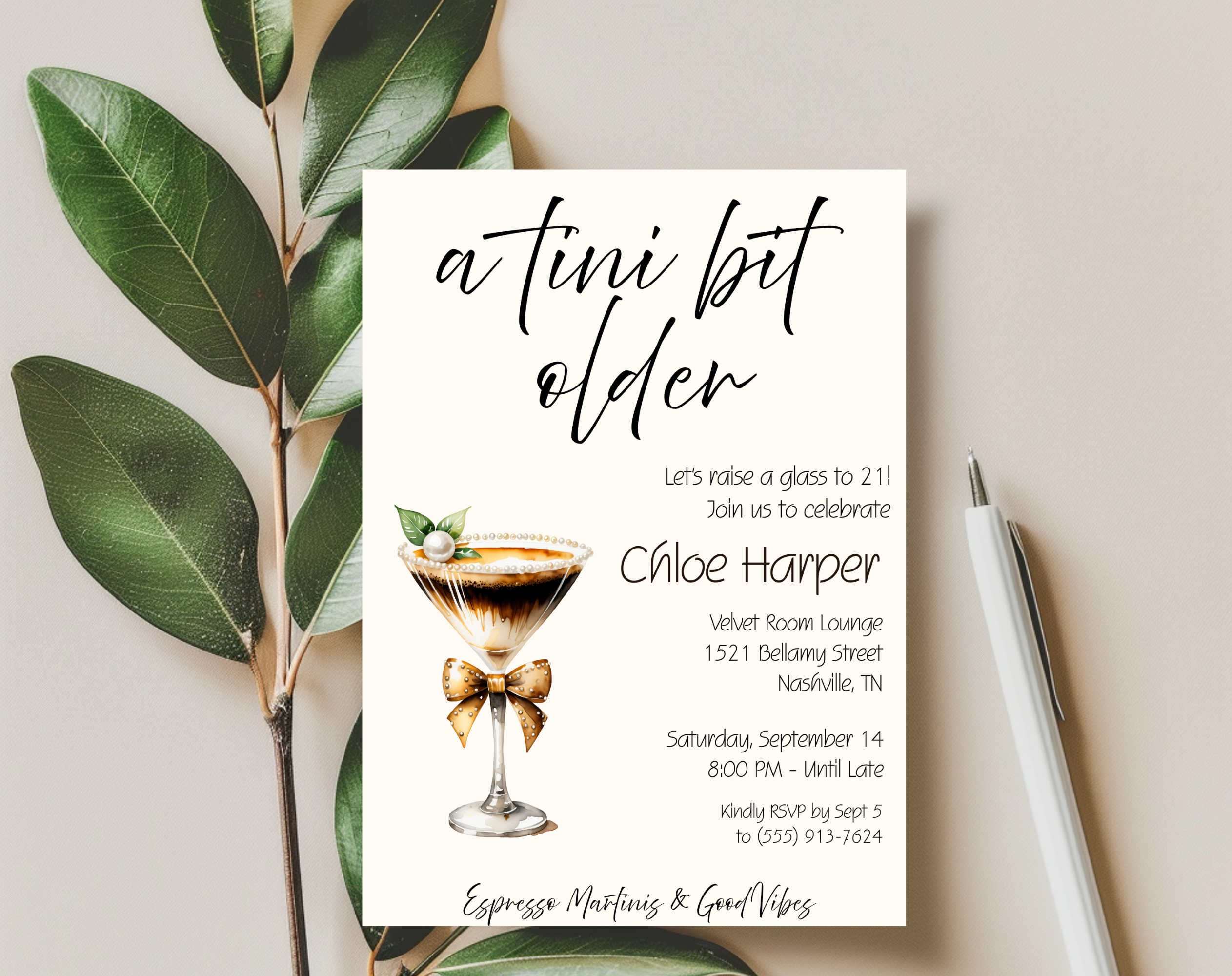 A Tini Bit Older 21st Birthday Invite | Espresso Martini Cocktail Party | Women’s Birthday Invite Drink Bow EDITABLE template in Canva