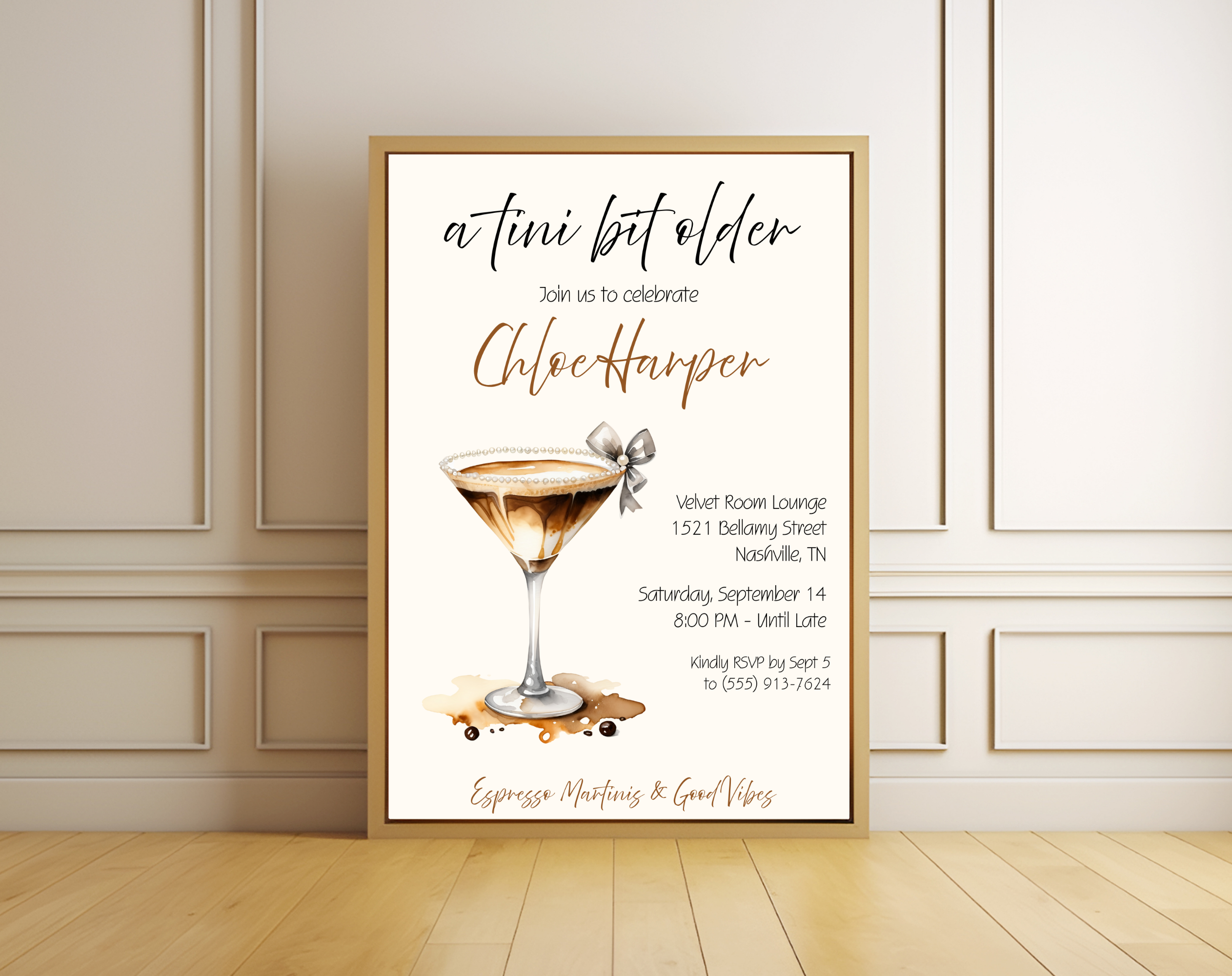 A Tini Bit Older Birthday Invitation | Espresso Martini Cocktail Party | Women’s Birthday Invite Drink Bow EDITABLE template in Canva