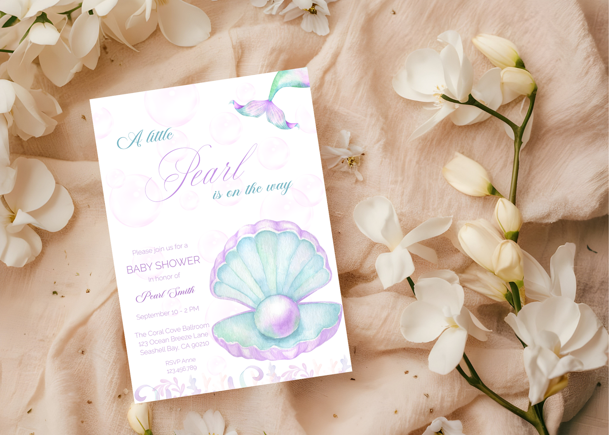 A Little Pearl Baby Shower Invite | Editable Pink Mermaid Baby Shower Invitation Canva Template | Purple Ocean Summer Baby Shower Invitation