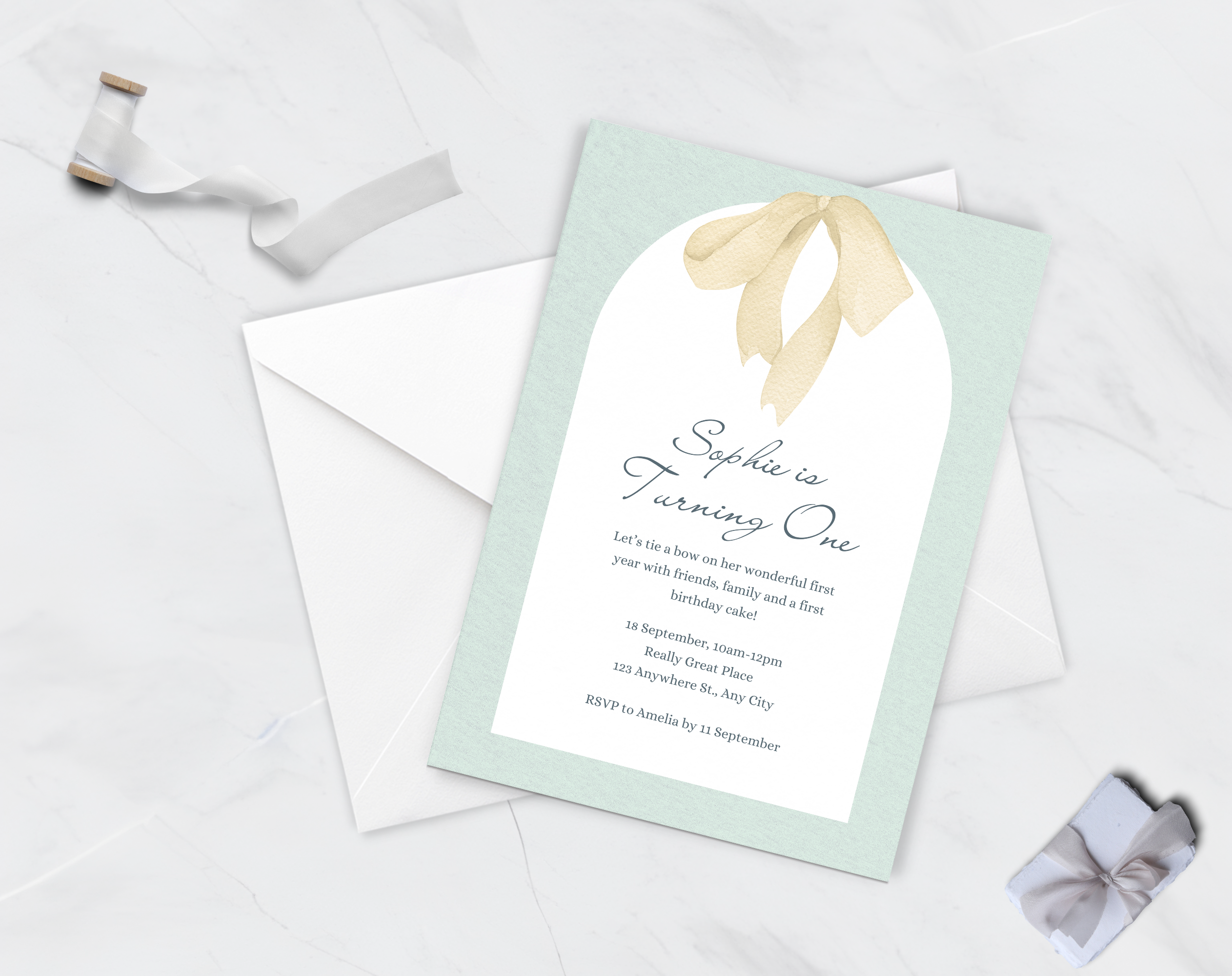 First Birthday Invitation Girl | Light Green Yellow Bow Theme | Editable Canva Template | Printable 1st Birthday Party Invite for Her