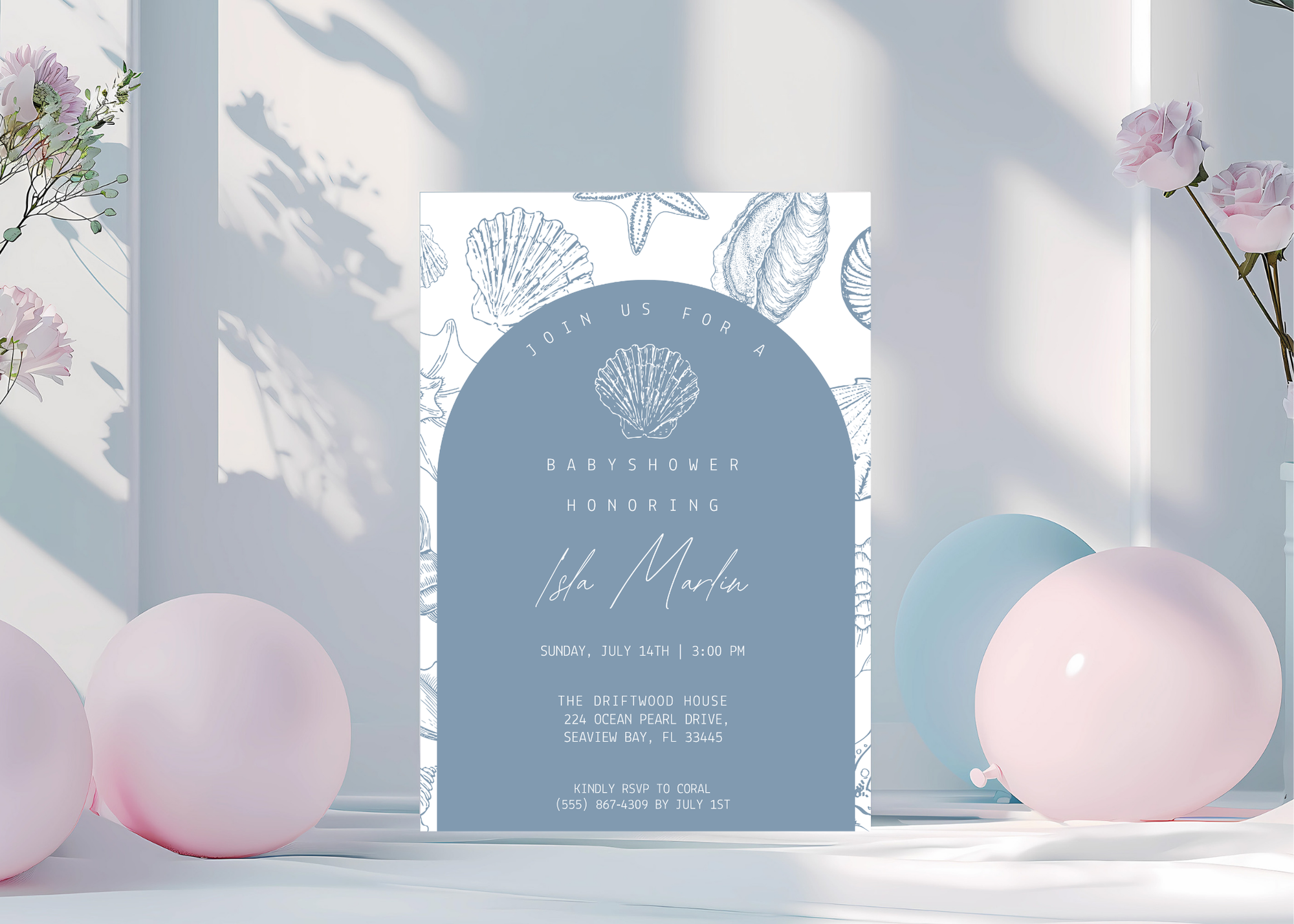 Sea You Soon Baby Shower Invitation | Ocean Shell 5×7 Canva Template | Beach Coastal Baby Invite | Editable Printable Digital Download