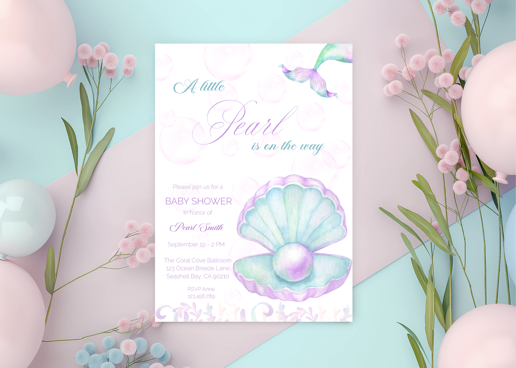 A Little Pearl Baby Shower Invite | Editable Pink Mermaid Baby Shower Invitation Canva Template | Purple Ocean Summer Baby Shower Invitation