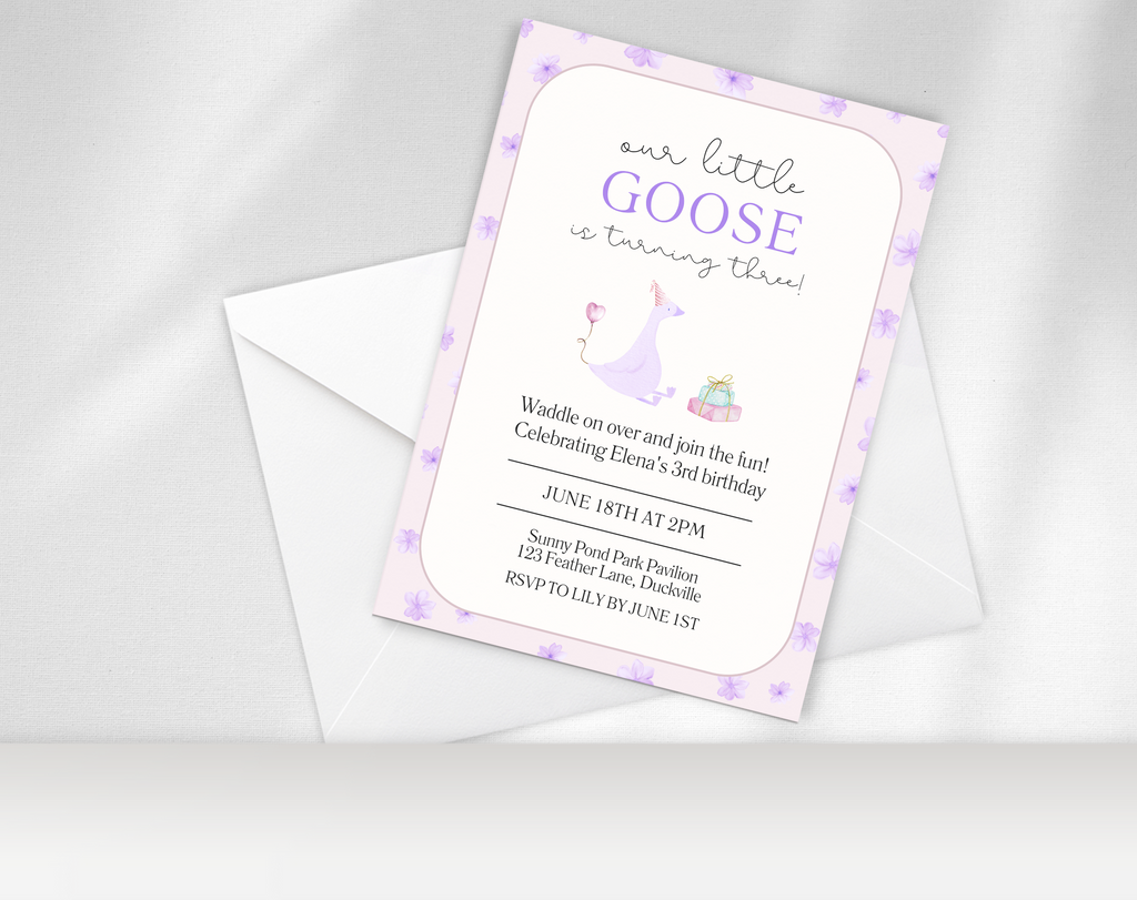 Our Little Goose is Turning 3 Invitation | Editable Purple Pastel Birthday Invite | Canva Template | Printable Digital Download | Farm Party