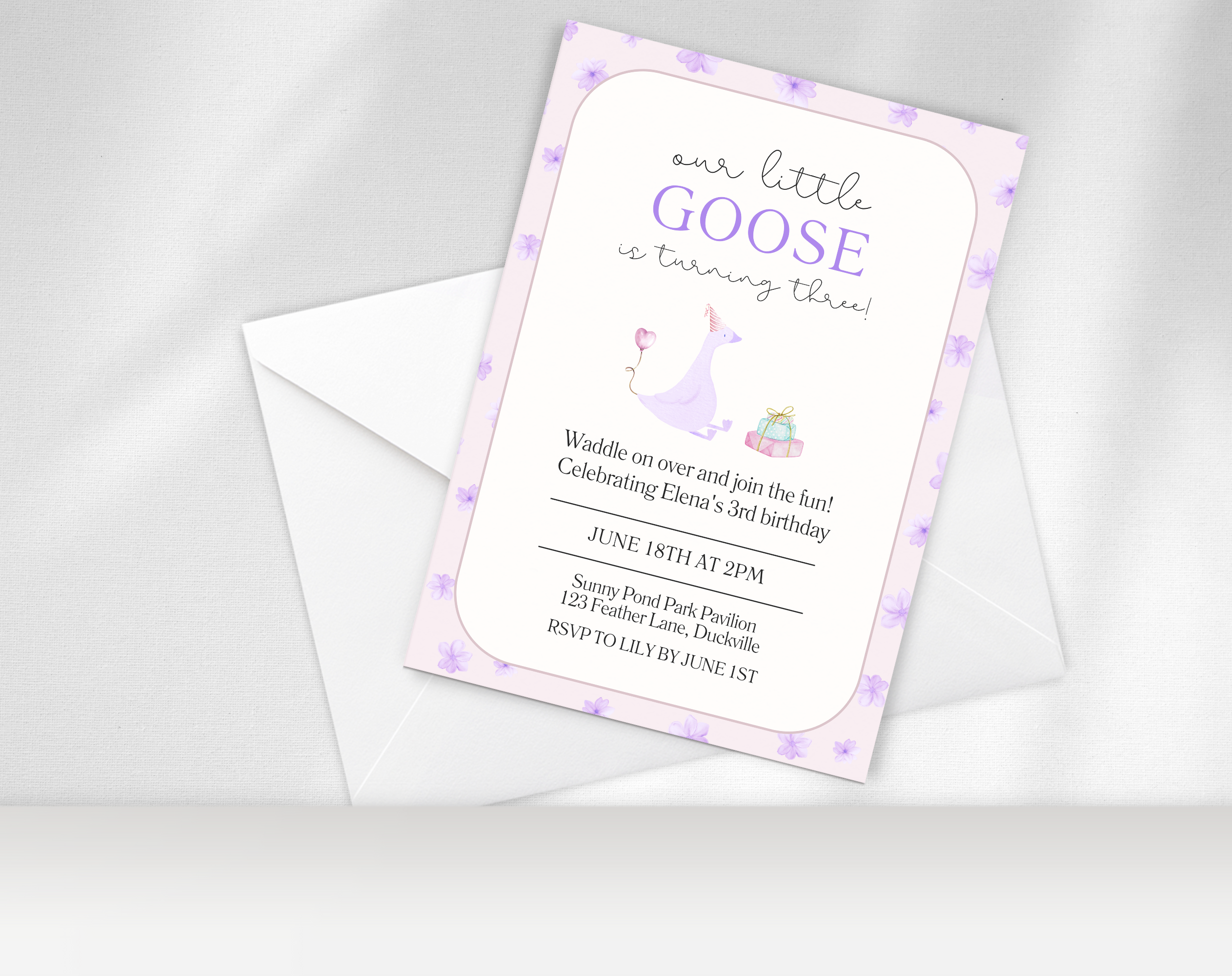 Our Little Goose is Turning 3 Invitation | Editable Purple Pastel Birthday Invite | Canva Template | Printable Digital Download | Farm Party